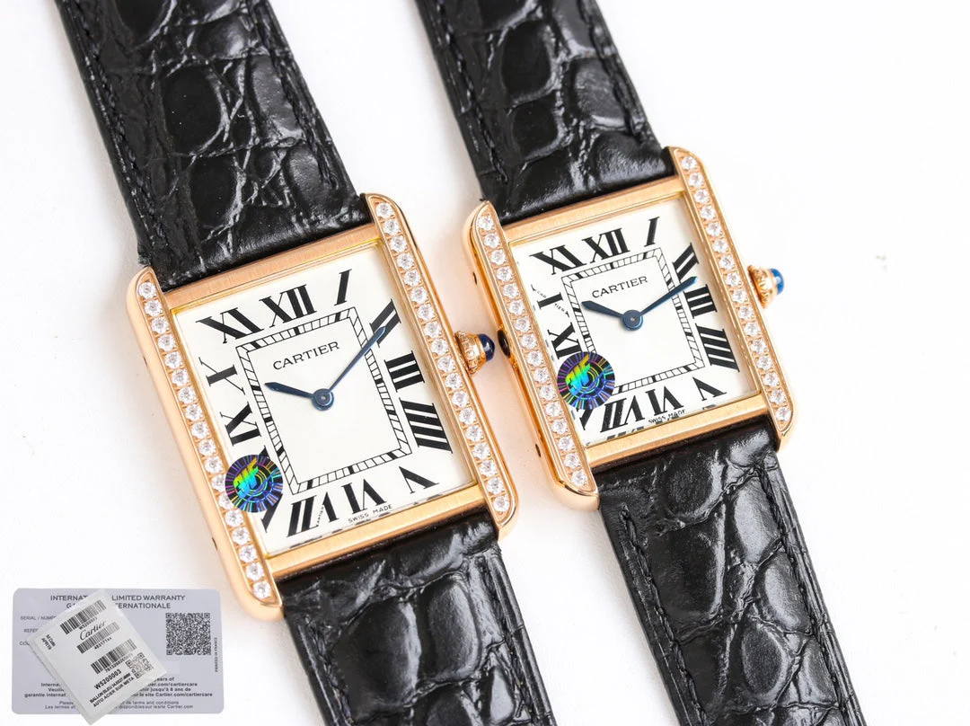 Cartier Watch TANK SOLO PINK GOLD DIAMOND BEZEL CROCODILE LEATHER