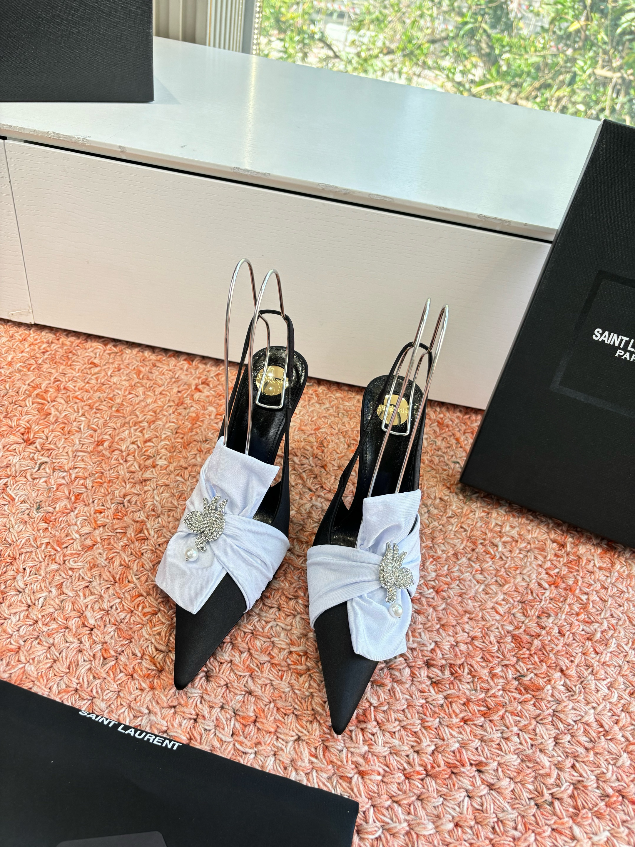 YSL Maxine Pointed Closed Toe Silk Satin Bow Crystal Brooch Slingback Stiletto Heels Sandals