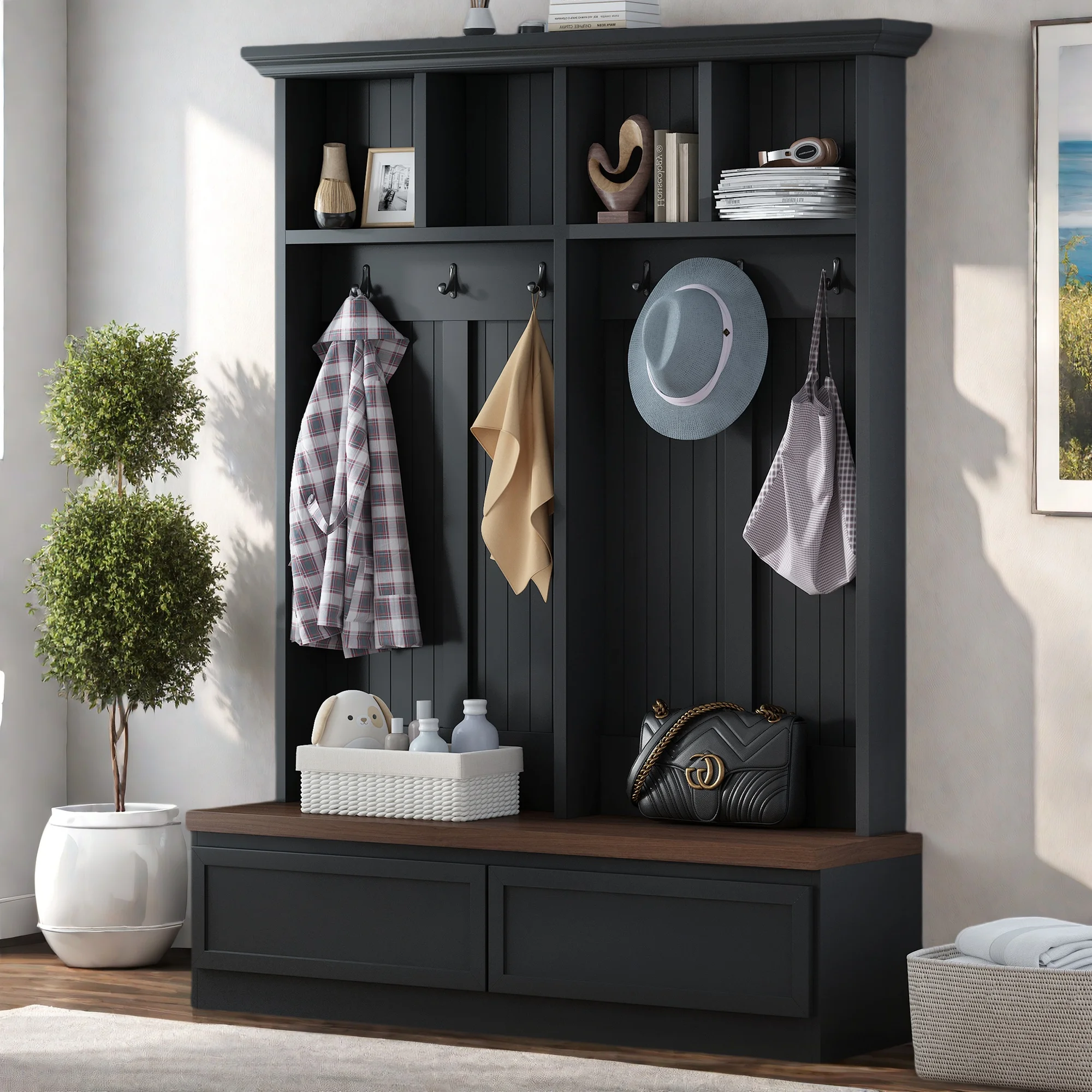 Coat Rack Farmhouse 4-in-1 Hall Tree with Wood Grain Bench, Mudroom Versatile Coat Rack with 2 Large Drawer, Entrance Organizer for Hallway, Living Room, Black, 55.9"W (Same as N721P205660),Hall Tre