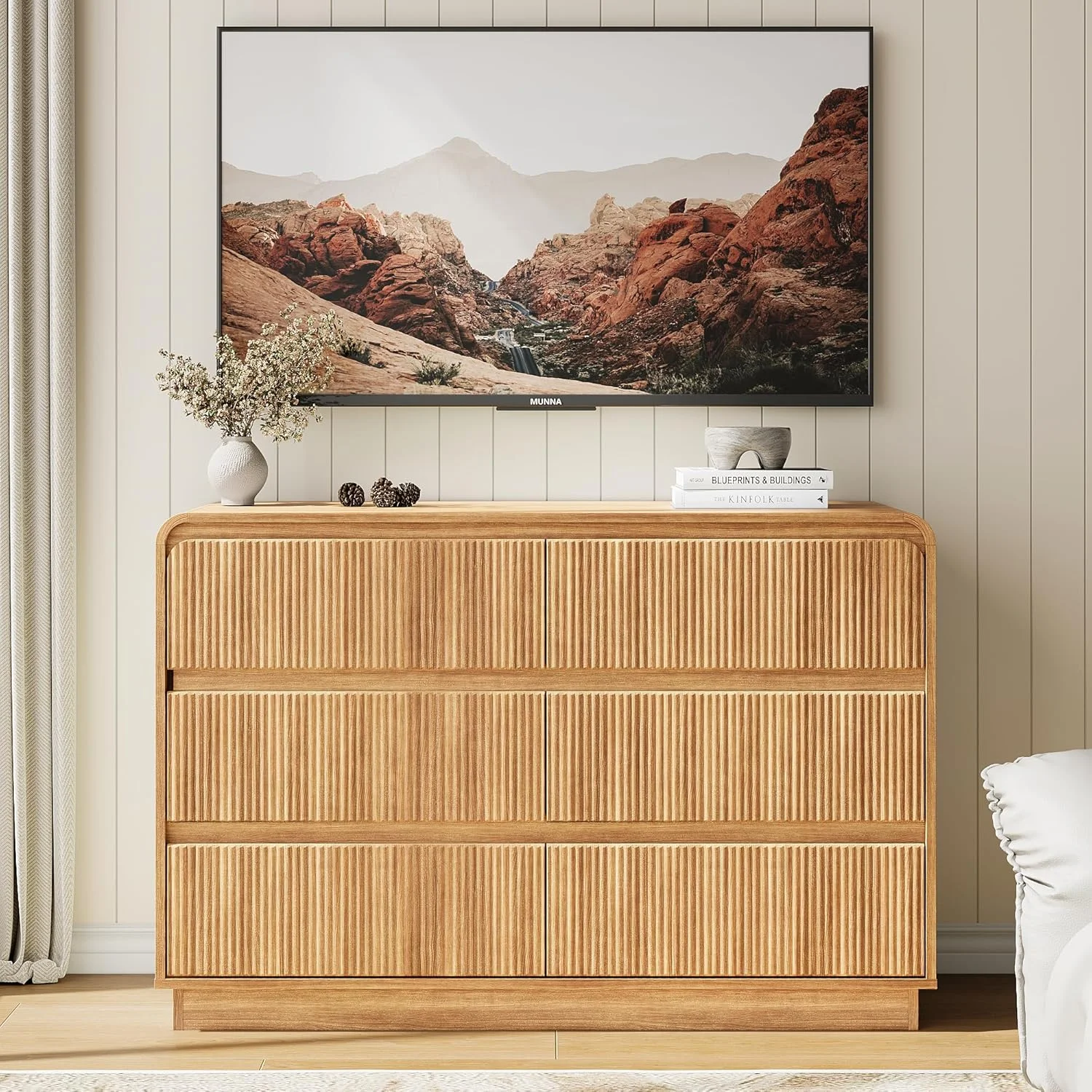 Pipleo 48" Fluted 6-Drawer Dresser, Handleless Wooden Chest with Curved Design for Bedroom & Living Room, Natural Oak