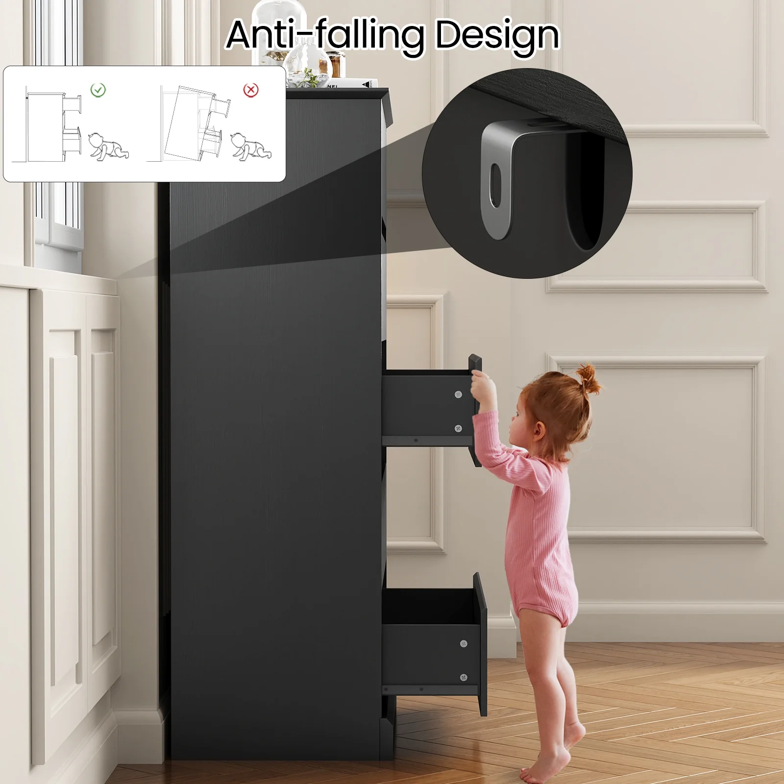 2 PCS  Dresser for Bedroom, 5 Drawer Dresser Black Chest of Drawers for Living Room Dressing Room Entryway -2PCS