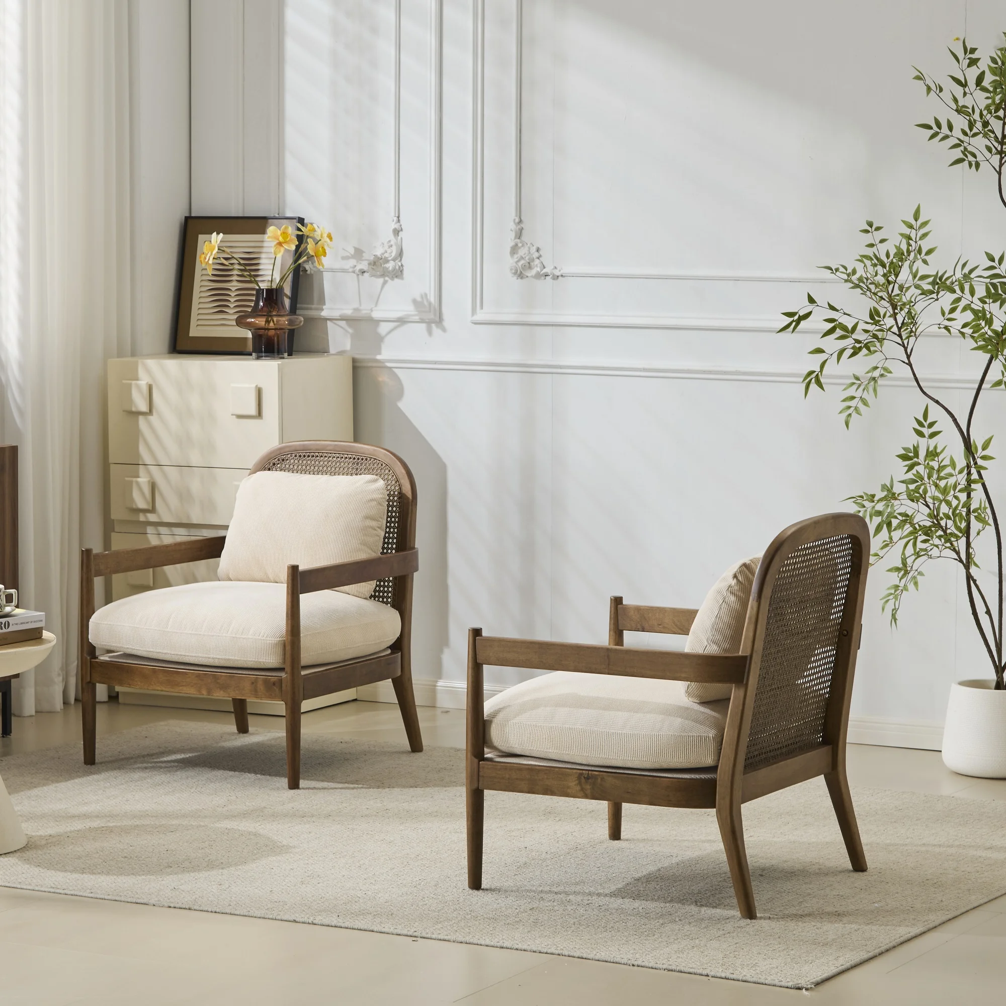 Christopher Knight Home [Set of 2] Mid-Century Modern Accent Chairs with Light Brown Solid Wood Frame, Rattan Backrest with Cushion C Comfortable Armchairs Light Brown