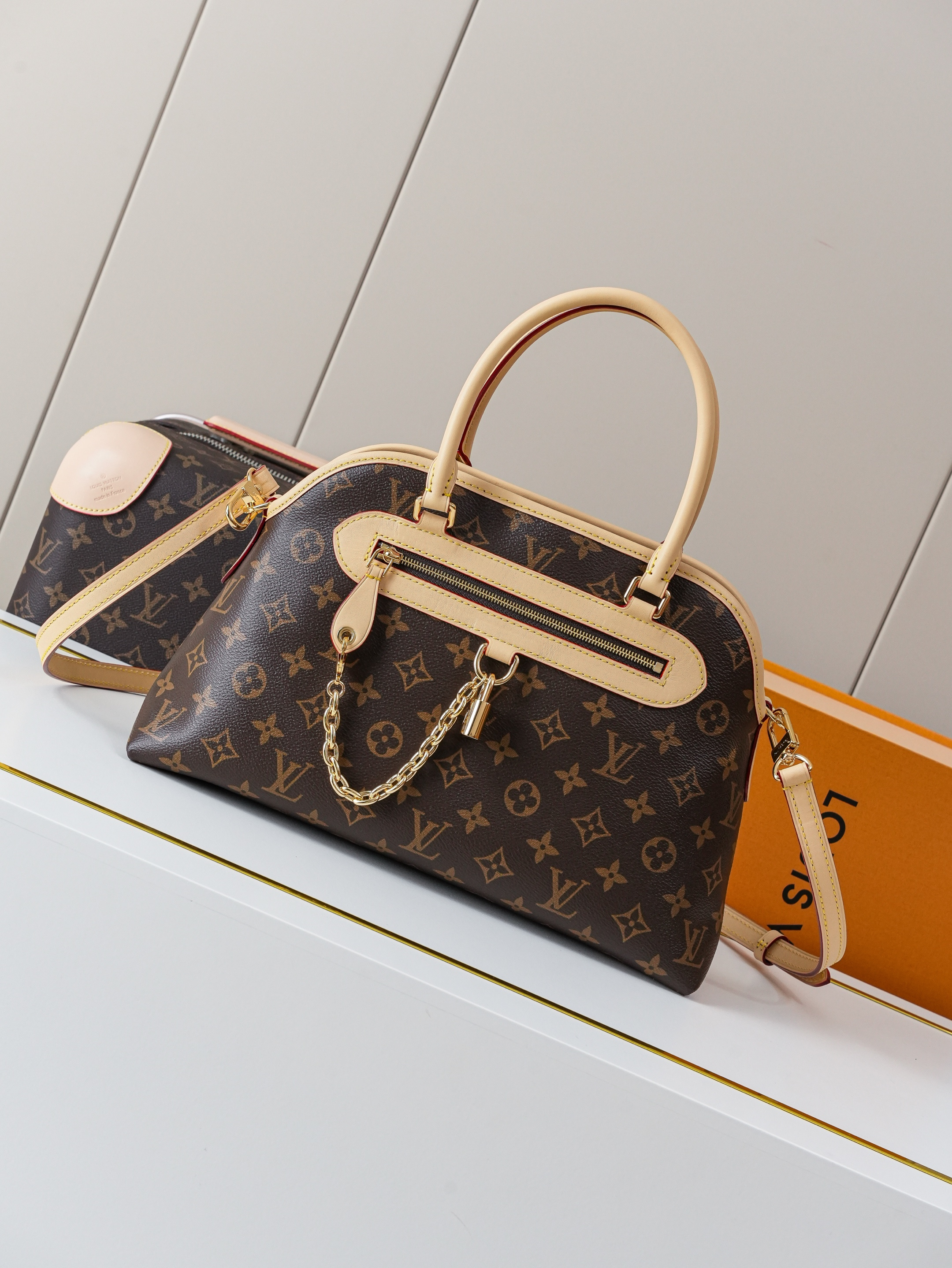 LV PM Montorgueil Ever More Monogram Canvas Dome Beige Top Handle Bag With Pouch