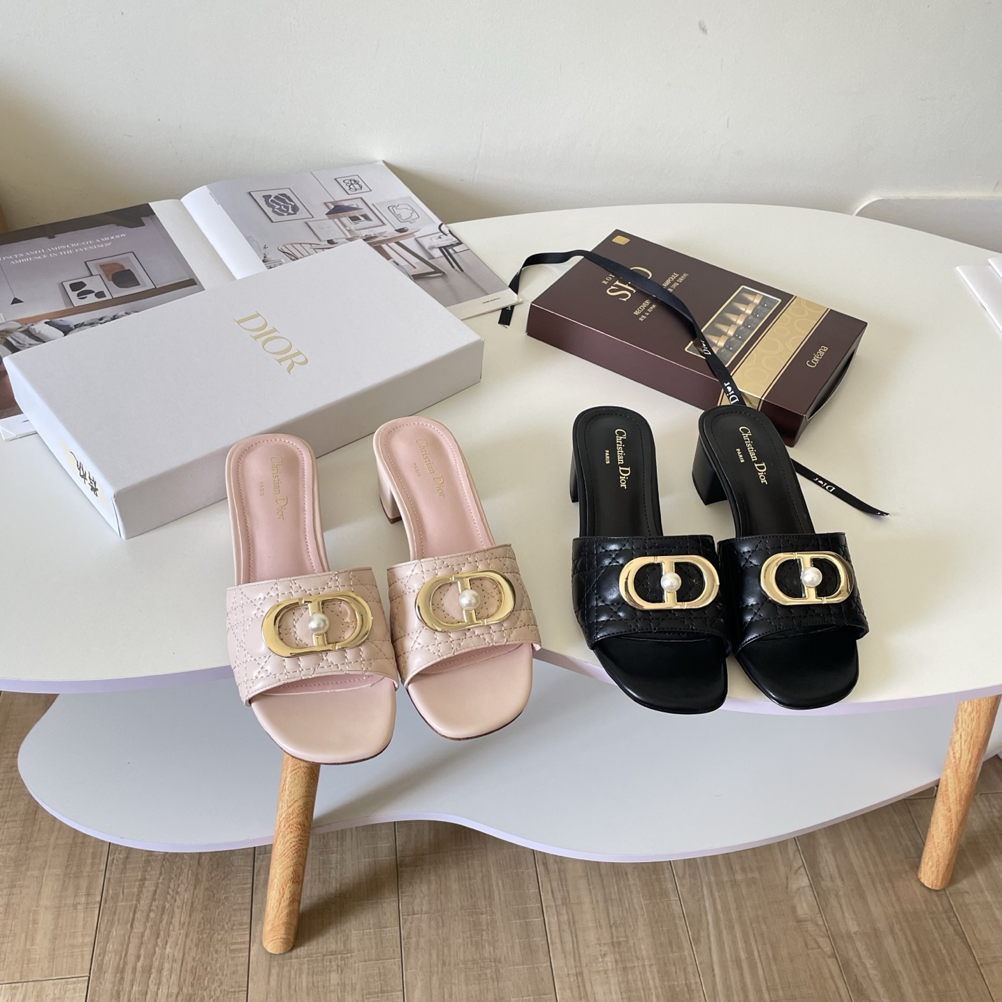 DIOR 26P CD-style Pearl-Embroidered Chunky-Heel Slippers