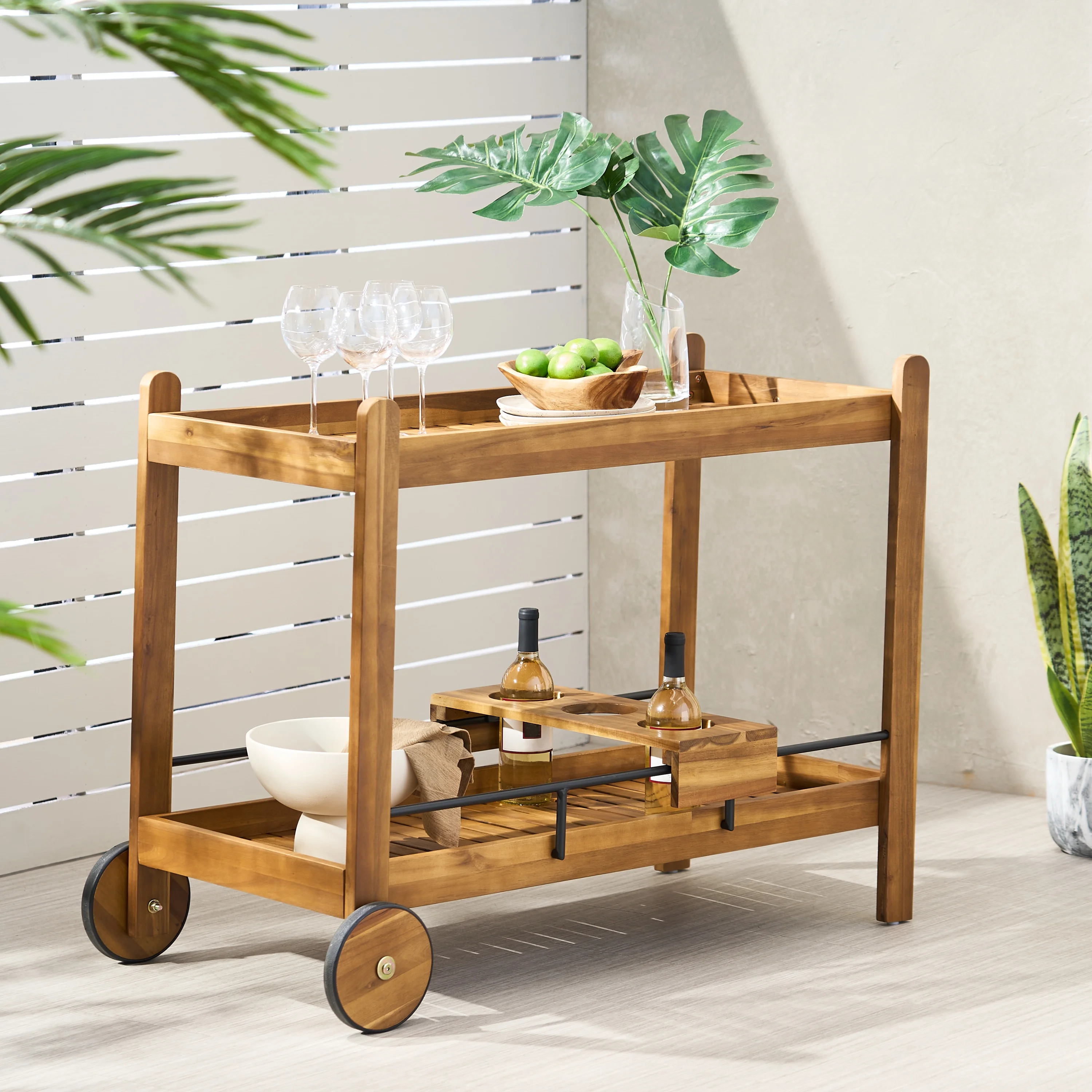 GDF Studio Bonneau Outdoor Acacia Wood 2 Tiered Bar Cart with Bottle Holders, Teak and Black