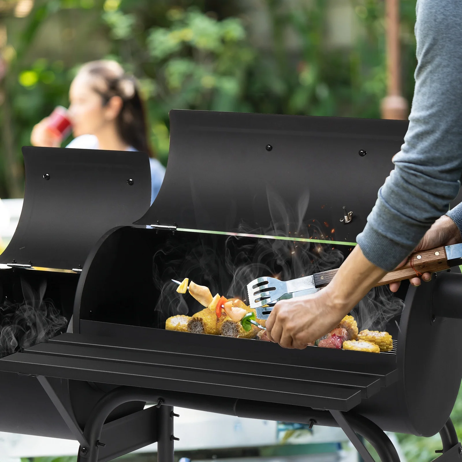 Smoker Grill, Outdoor BBQ Charcoal Grill W/2 Cooking Area, Portable Offset Smoker on Wheels for Patio Backyard Camping