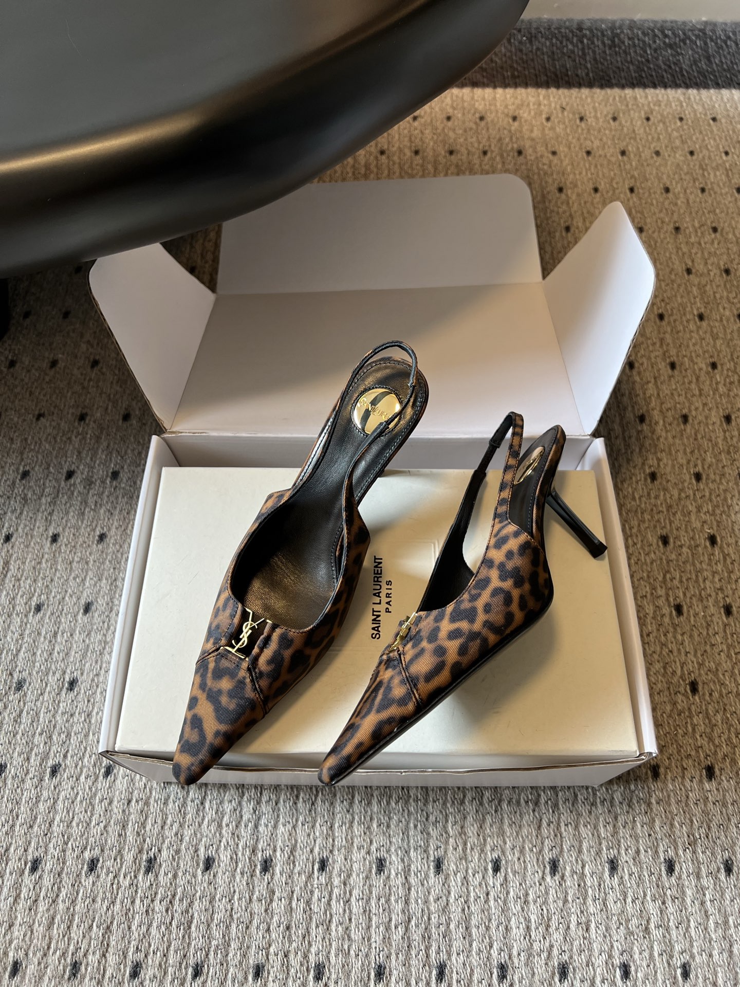 YSL Paris Pointed Toe Smooth/Suede/Oil Wax Leather/Leopard YSL Logo Slingback Heel Sandals