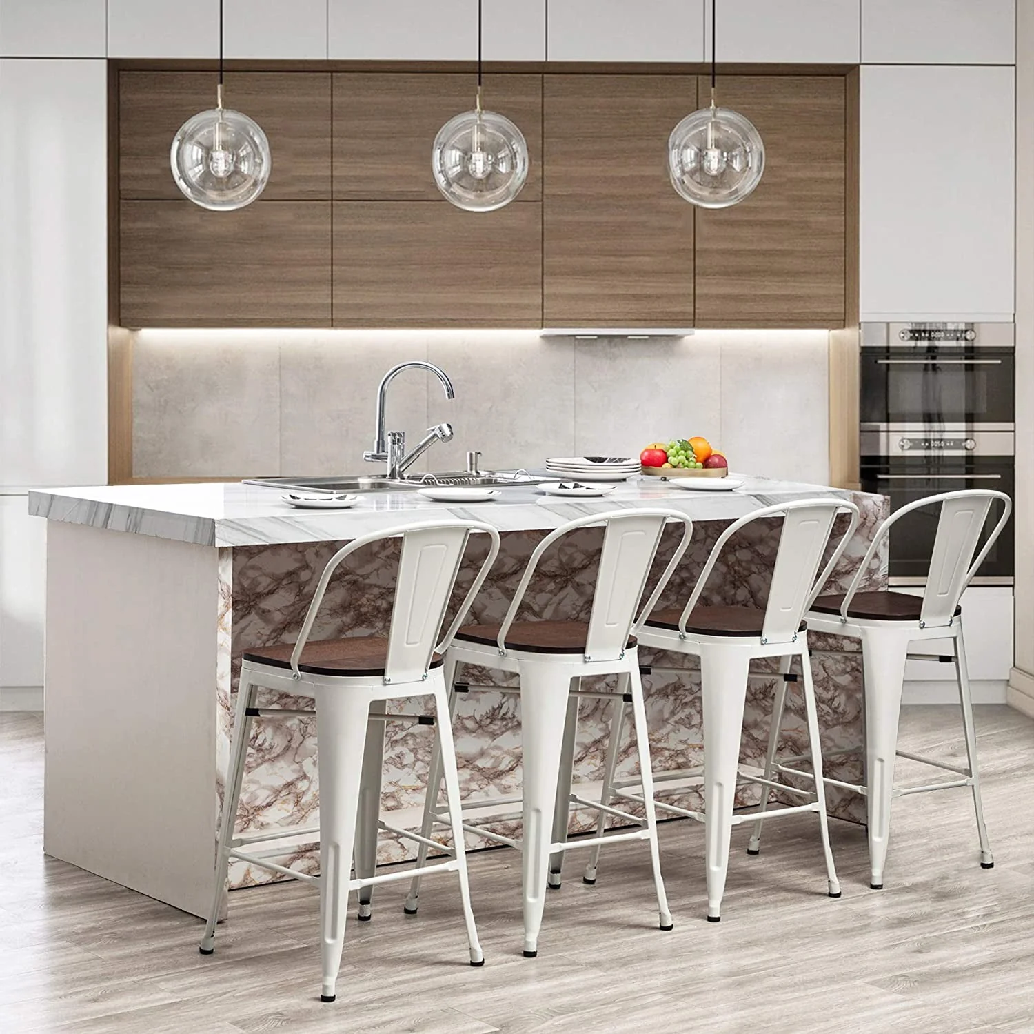 Andeworld 30" bar stools Set of 4,Cream Bar Stools with Larger Seat,Bar Stools with Back,Farmhouse Bar stools with Removable Backs,30 inch Metal Bar Stools,High Back Kitchen Bar stools Chair Cream