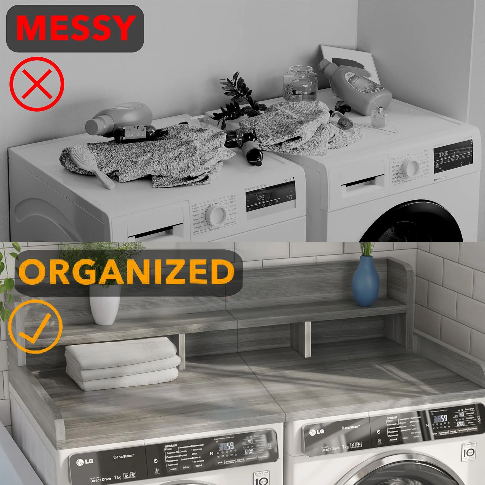 Washer Dryer Countertop with Non-slip Pads,Depth Double Layer Organizer for Washer and Dryer Laundry Hamper Counter Storage,Gray Matte