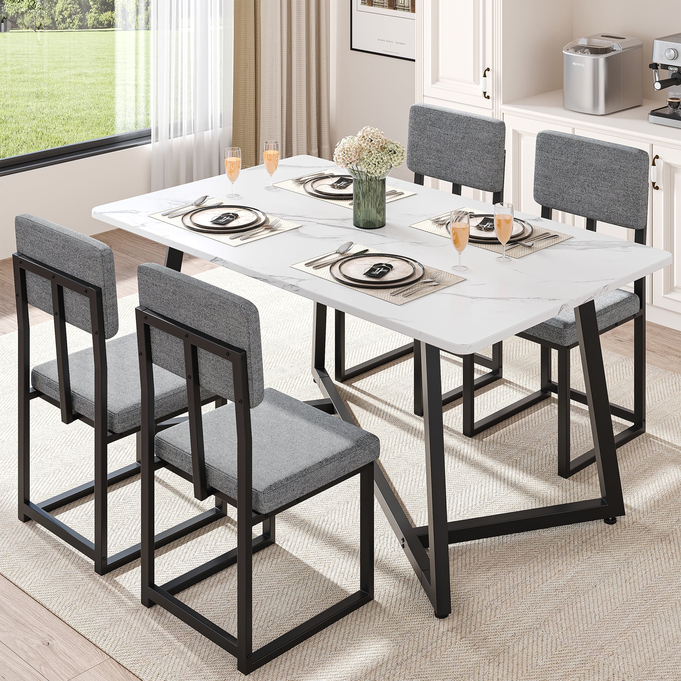 PORKISS Dining Table Set for 4, Kitchen Table Set with Chair for 4 with Faux Marble Table and 4 Linen Upholstered Chairs, Dining Room Set for Kitchen Dining Room Small Space, White + Gray + Black