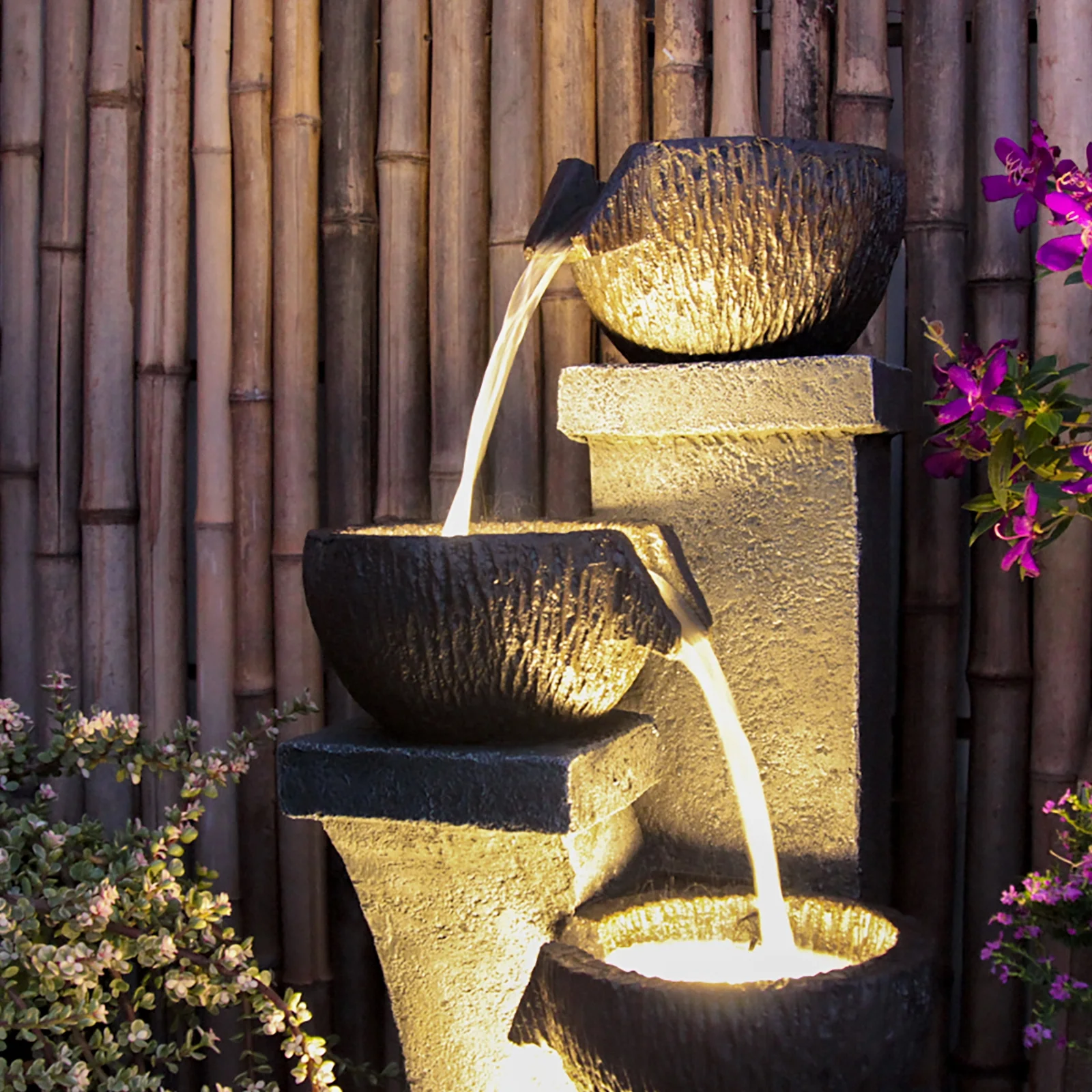 Outdoor Water Garden Fountain 37.40H Waterfall Small Fountains Cascading Bowl and Jar Water Feature with LED Light for Backyard Patio Porch and Home Art Decor