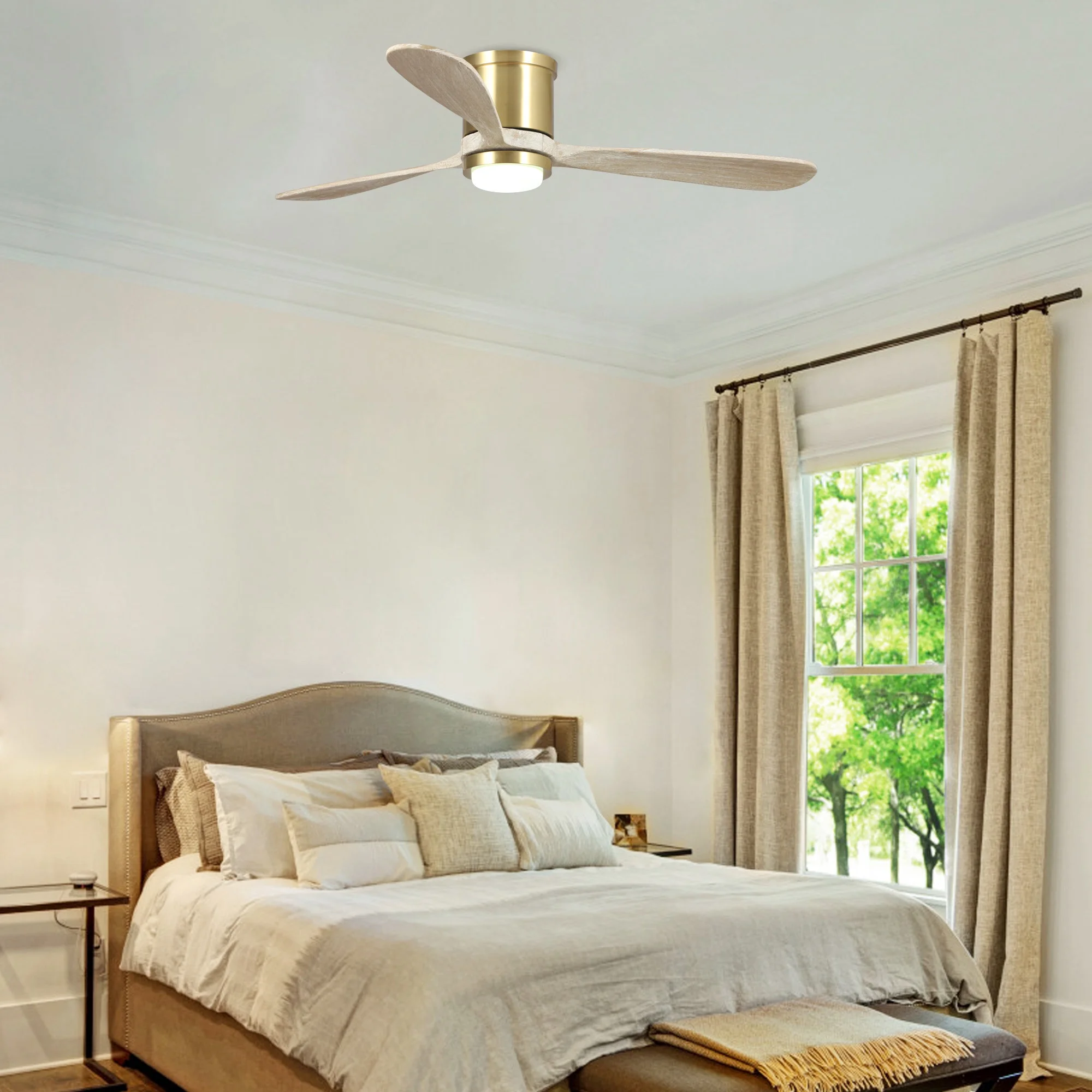 Parrot Uncle 52" Modern Gold Propeller LED Smart Flush Mount Ceiling Fan with Remote, Alexa, and App Control, 3-CCT Ceiling Fan