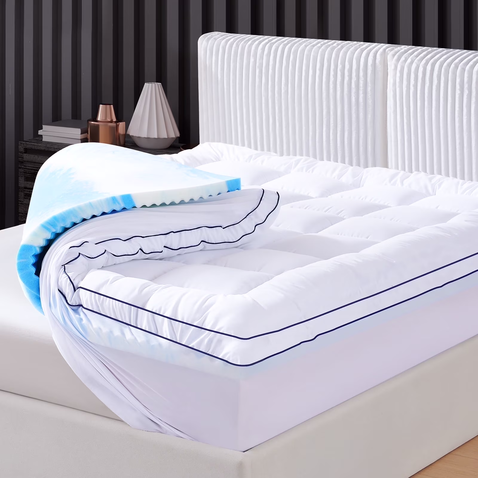 Cocosity Dual Layer 4 inch Full Size Memory Foam Mattress Topper, 2" Fluffy Pillow Top Mattress Topper & 2" Cooling Gel Memory Foam