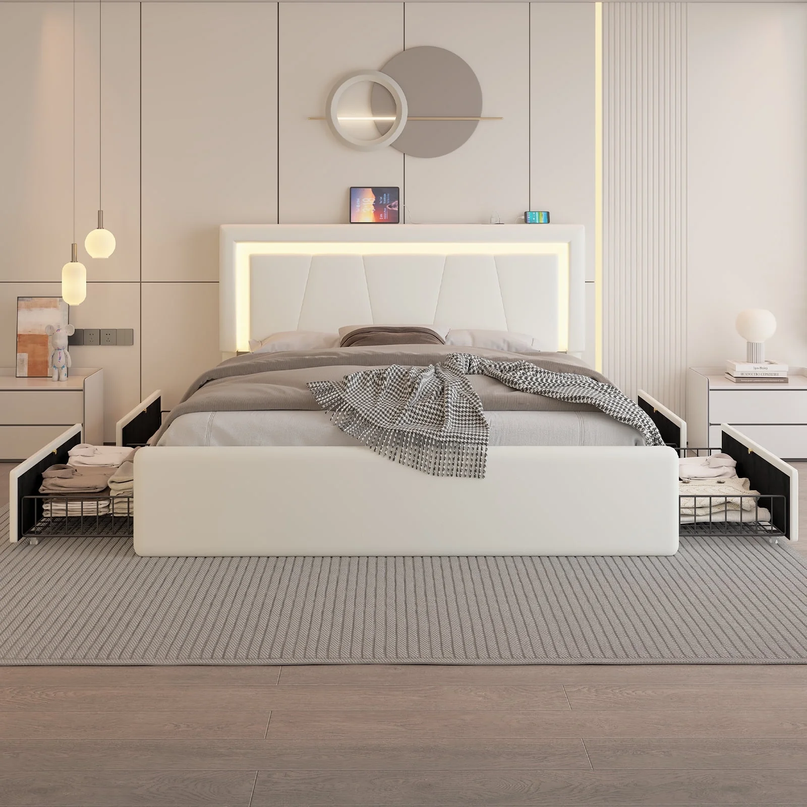 Full Size Upholstered LED Bed Frame with 4 Storage Drawers, Faux Leather Platform Bed with Adjustable Headboard, White