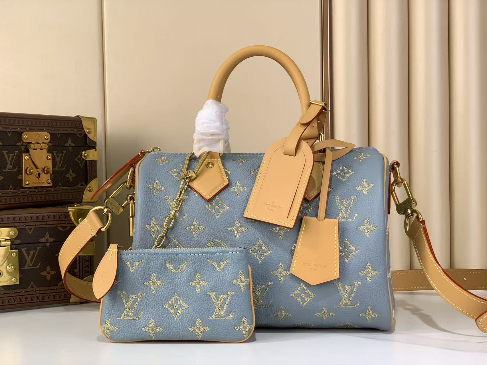 LV Speedy P9 Bandoulière 25 Bag Golden Silk Blue Top Quality