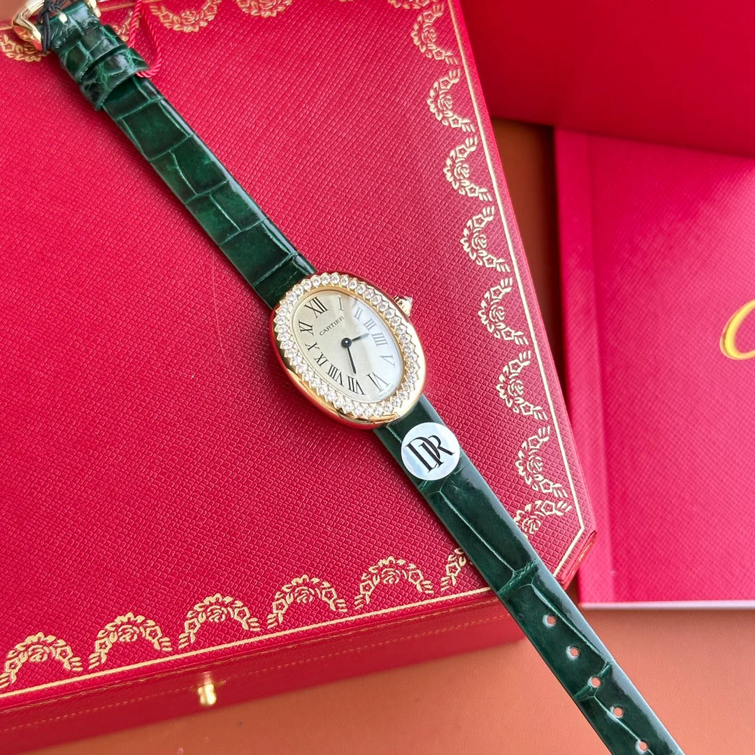 Cartier Watch Baignoire 23mm Pink Gold Case Diamond Bezel Dark Green Leather Strap