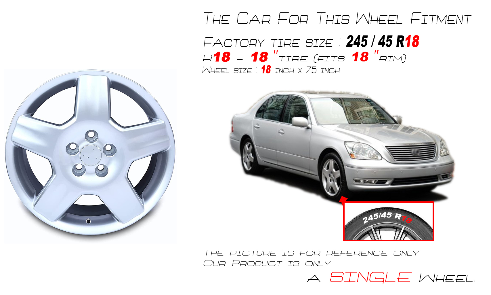 18" 18x7.5 Brand New Single Hyper Silver Alloy Wheel For 2004-2006 LEXUS LS430 OEM Design Replacement Rim