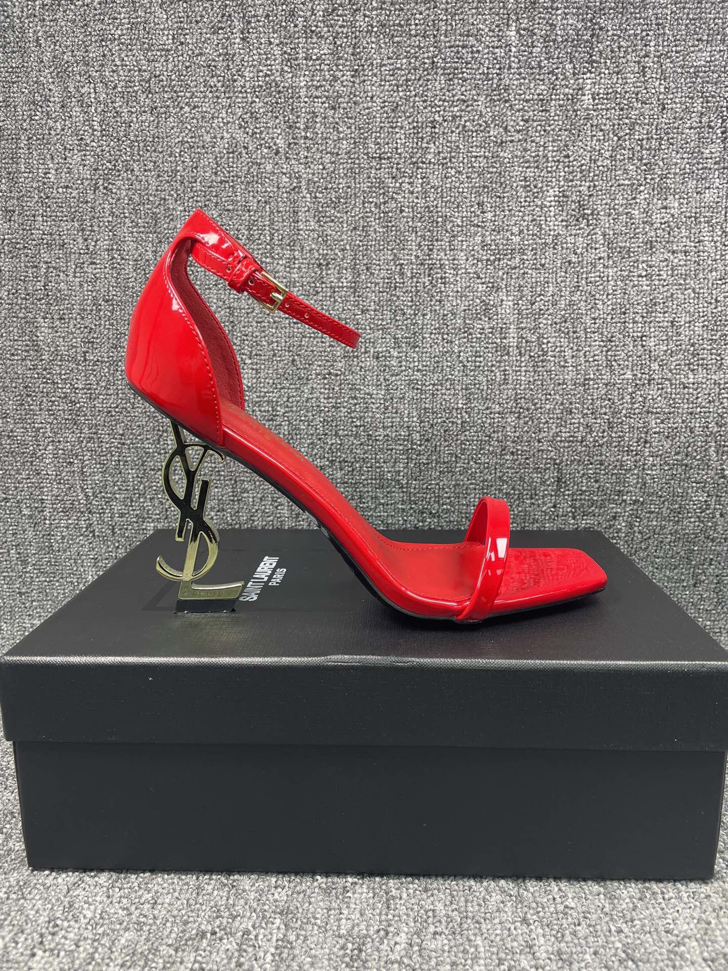 YSL Red/Burgundy Opyum Patent Leather Square Toe YSL Logo Heel Ankle Strap Sandals