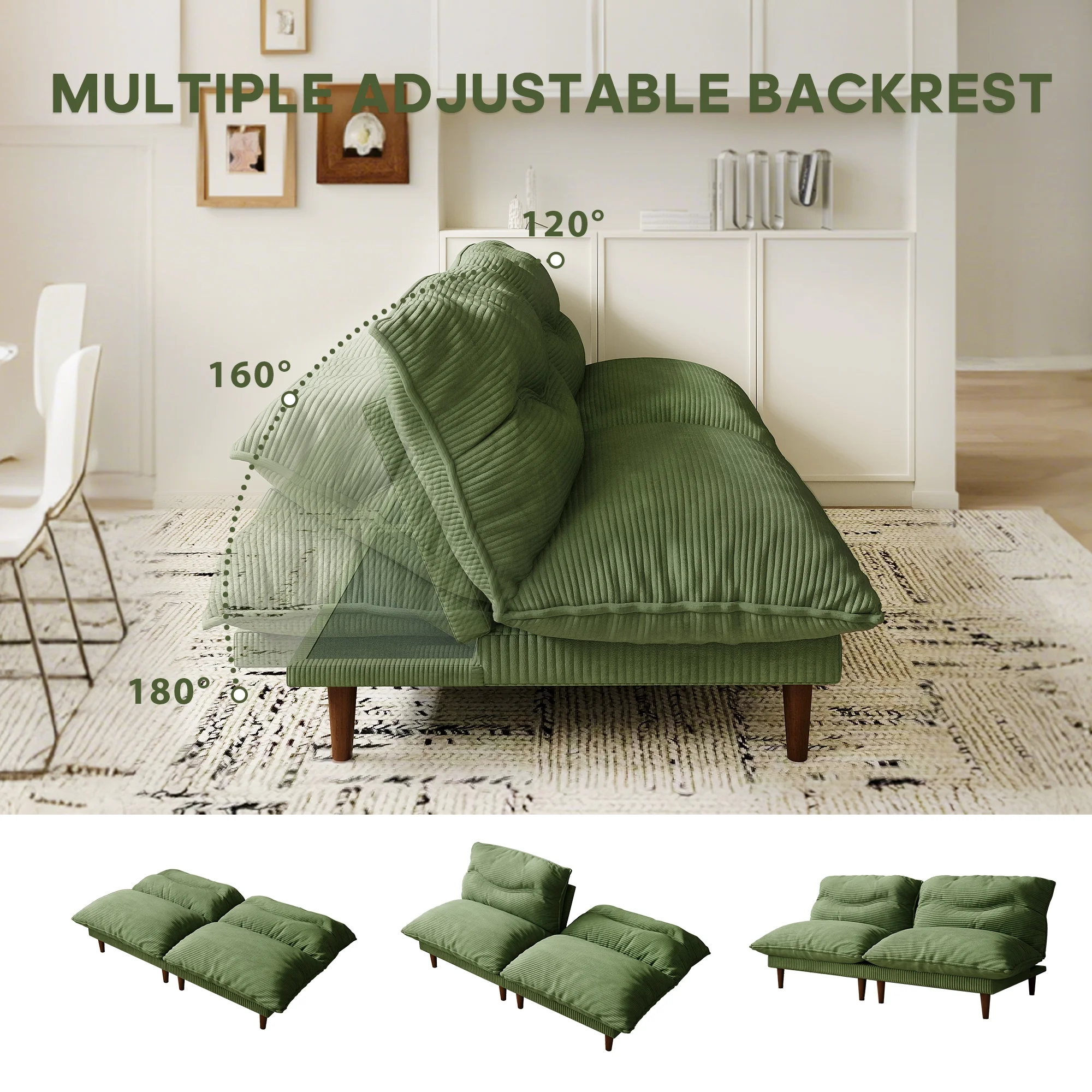 LLappuil 75" Futon Convertible Sofa Bed, Corduroy Loveseat Sleeper Sofa Couch for Living Room Green