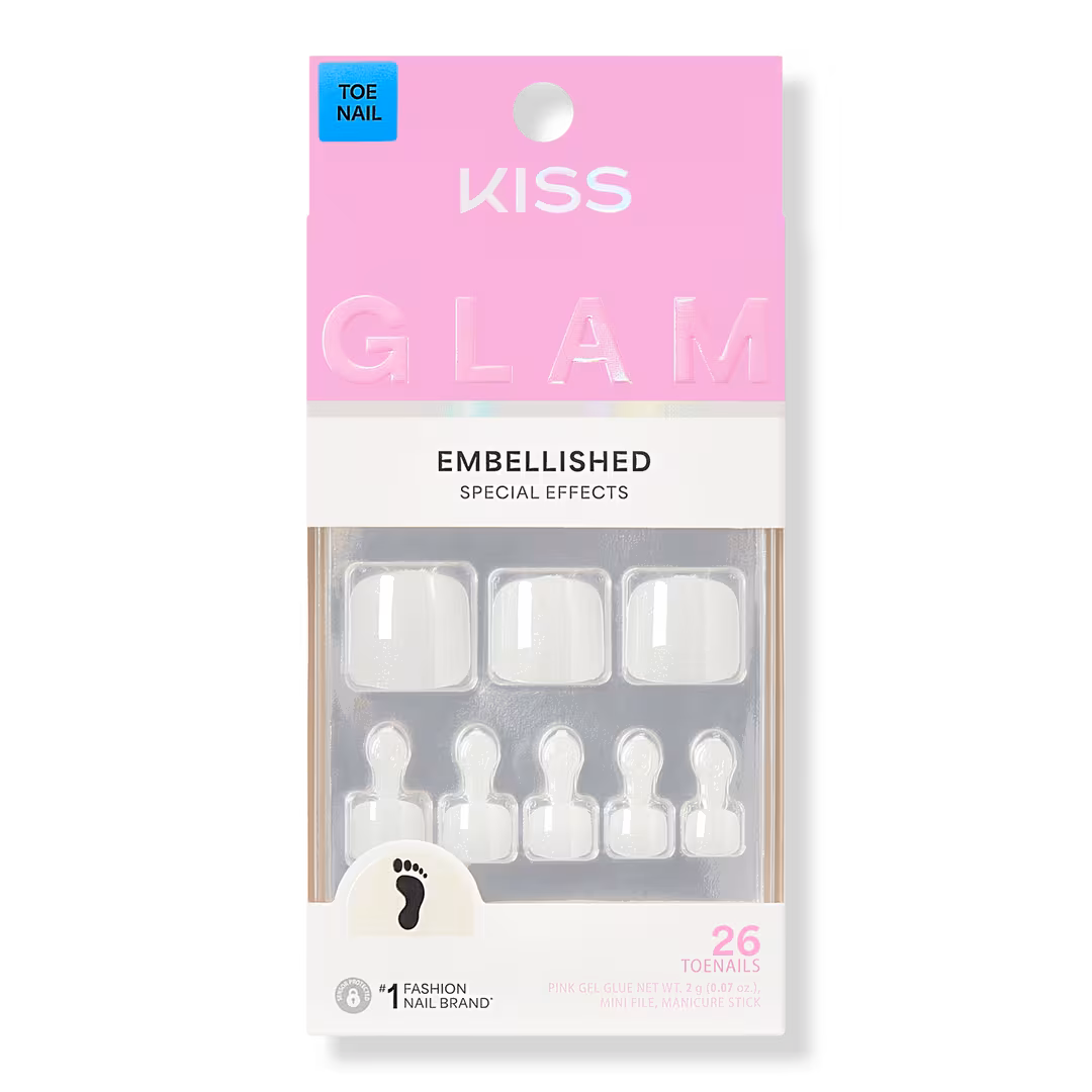 Kiss  Glam Embellished Short Squoval Press On Toenails, Twinkle Toes