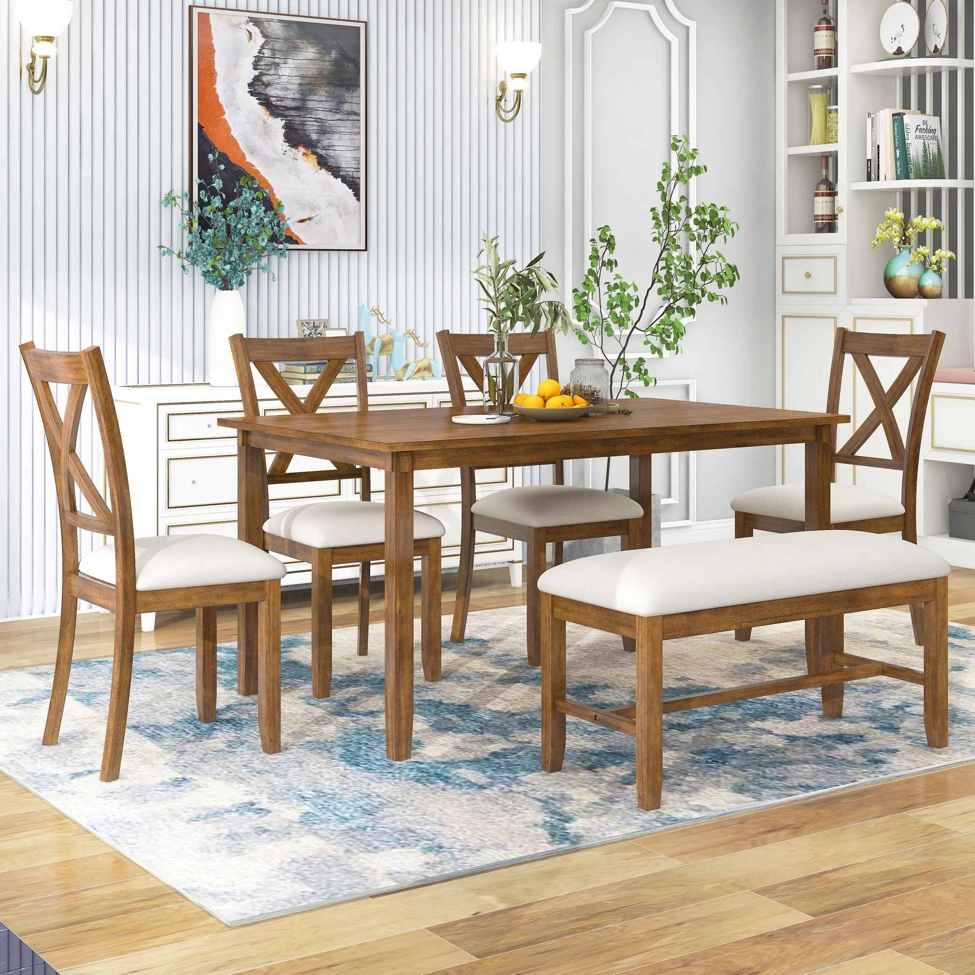 SEGMART Wood Dining Table and Chair Set of 6, Dining Room Set for 6 Persons with Bench, Rectangular Kitchen Table with 4 Padded Chairs Plus One Upholstered Bench, Farmhouse Kitchen Table Set, B2428