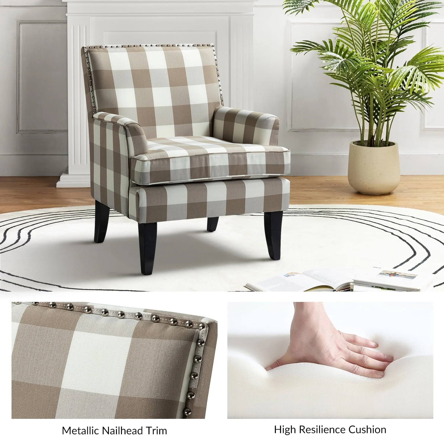 14 Karat Home Upholstery Armchair Accent Chair Sofa Couch Wood Legs Nailhead Trim Living Room Bedroom Plaid Grey White