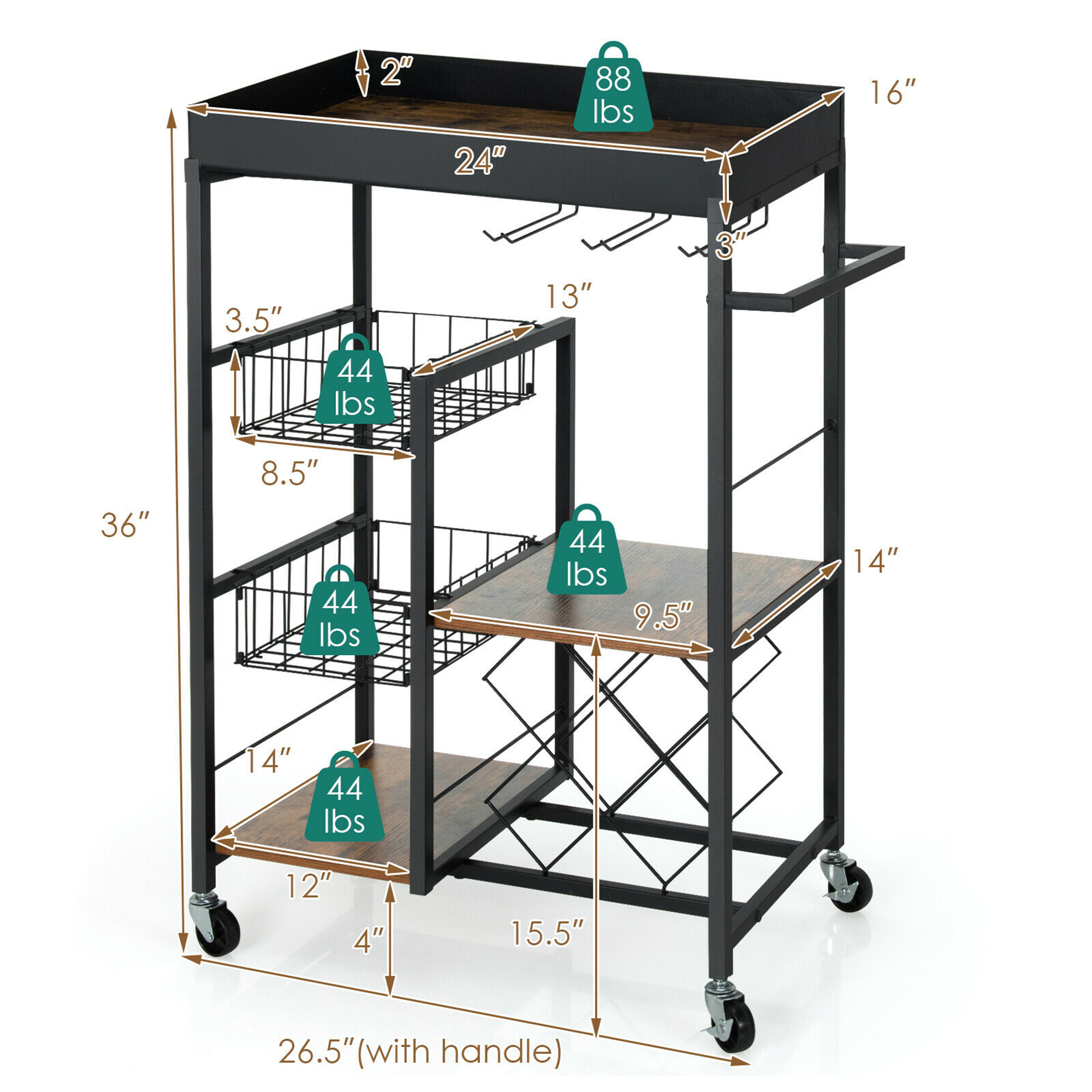 Gymax 4-Tier Kitchen Bar Cart Rolling Serving Trolley Wine Rack Removable Tray Basket