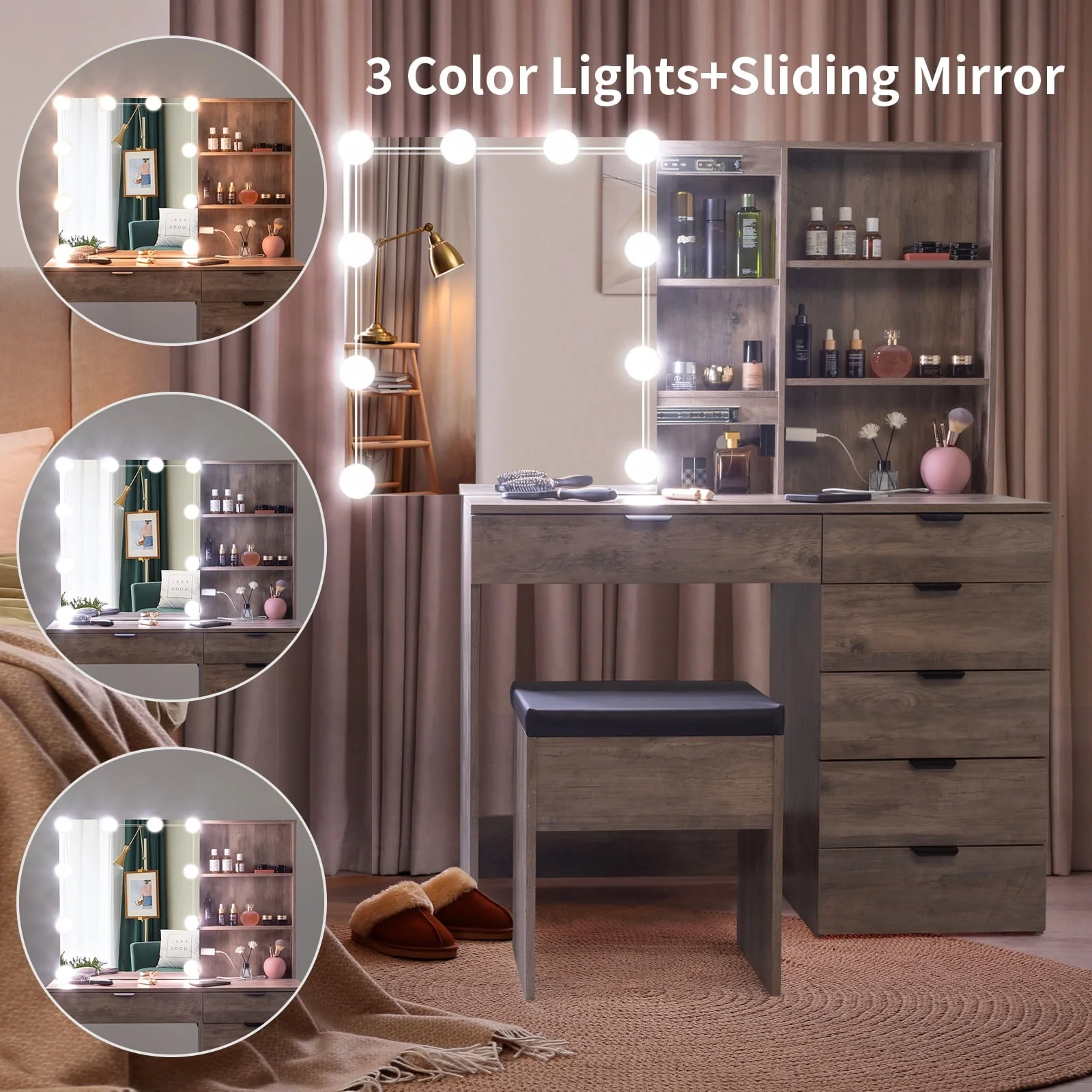 Ktaxon Vanity Set with 3 Color Lighted Mirror & Charging Station, Makeup Table with 6 Drawers, Dressing Table Makeup Desk with Stool,Retro Gray