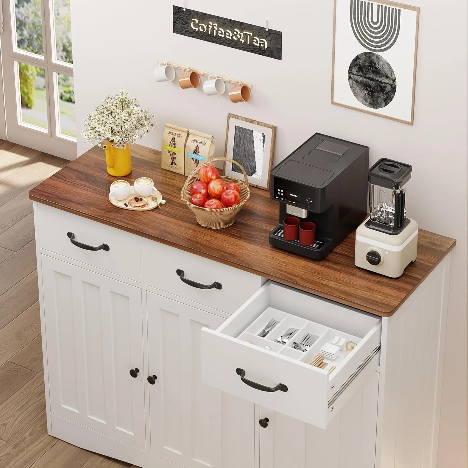 Coffee Bar Cabinet,Lofka Kitchen Storage Cabinet with 3 Drawers for Kitchen, Dining Room, Retro and White