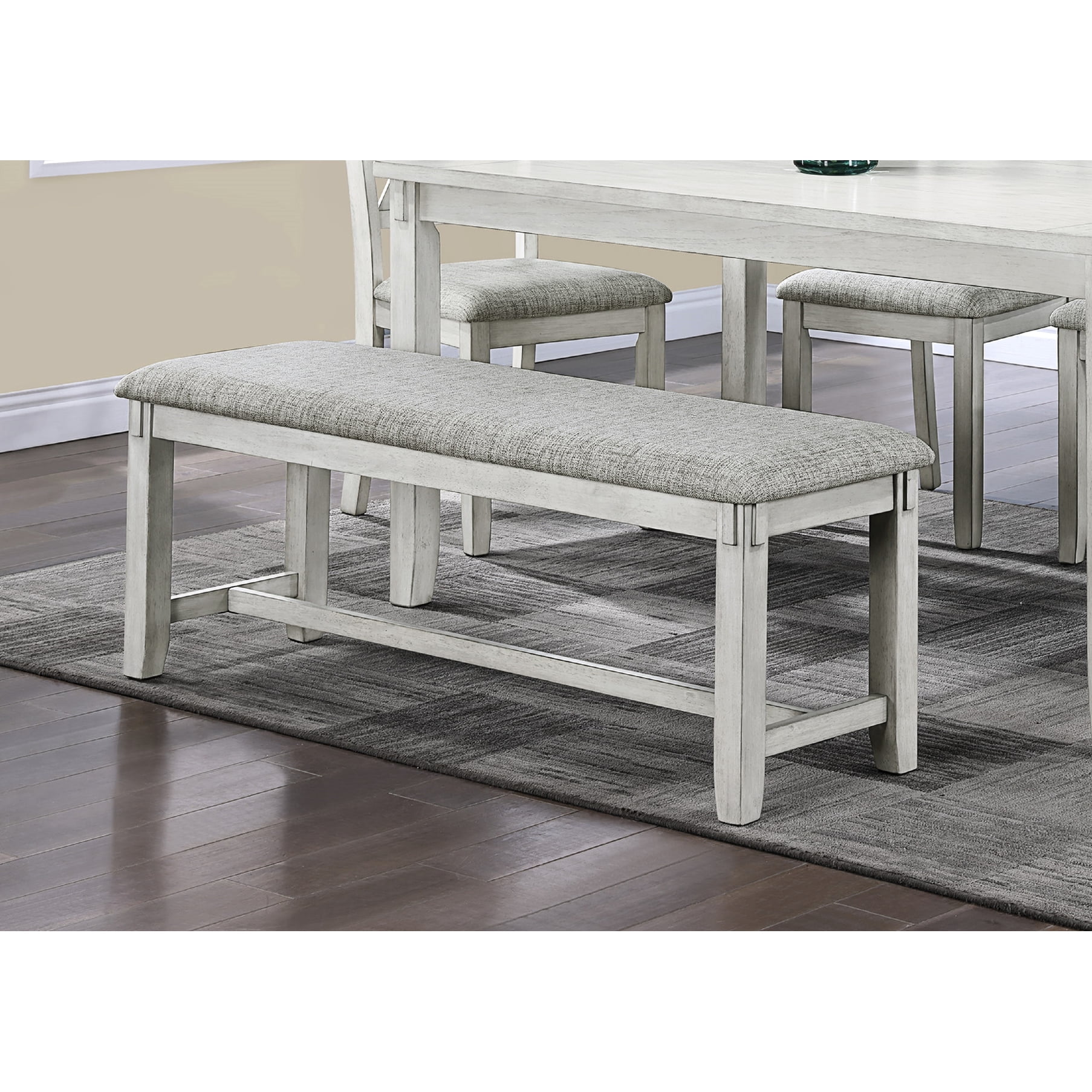 Driftwood Finish Bench With Grey Upholstered Seat And Base For Dining Cushion Tapered Legs In Transitional Style