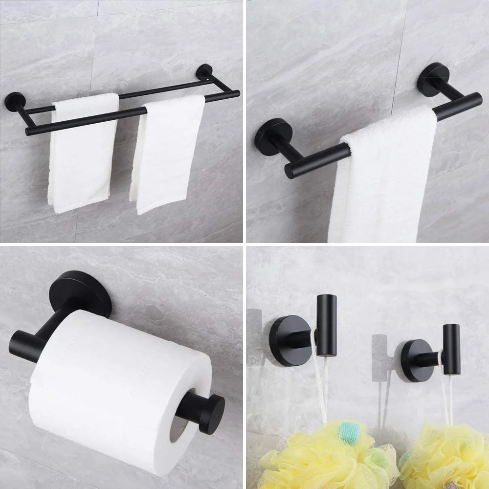 Matte Black Bathroom Accessories Kit 5-Pieces Bathroom Hardware Set Wall Mounted - Includes 24" Double Towel Bar, 12" Hand Towel Bar, Toilet Paper Holder, 2X Robe Towel Hooks …
