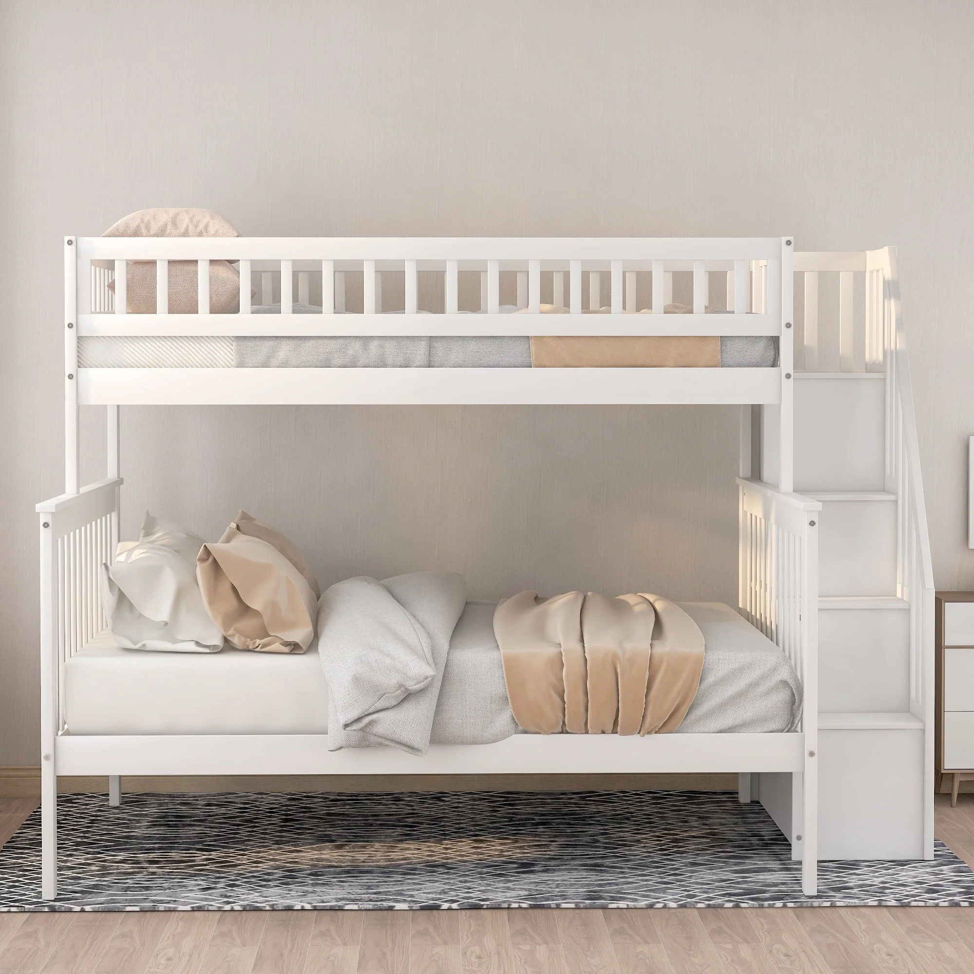 Twin over Full Bunk Bed with Stairs and Storage for Kids, White