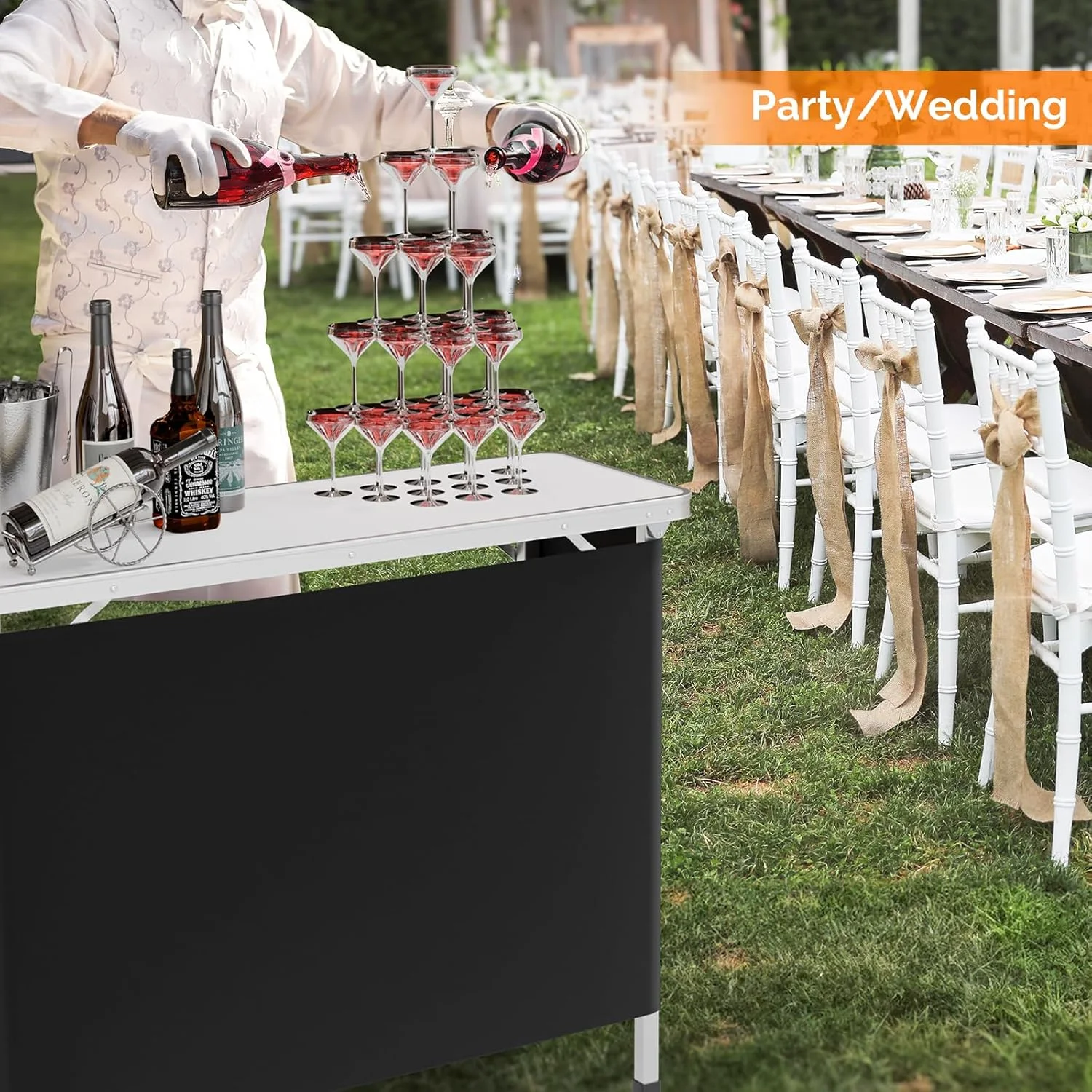 43" Portable Bar Table with Pole, 3-Tier Shelves, Mobile Bar Table for Events, Party, Camping, Picnic, Tradeshow, Indoor with Black Skirt