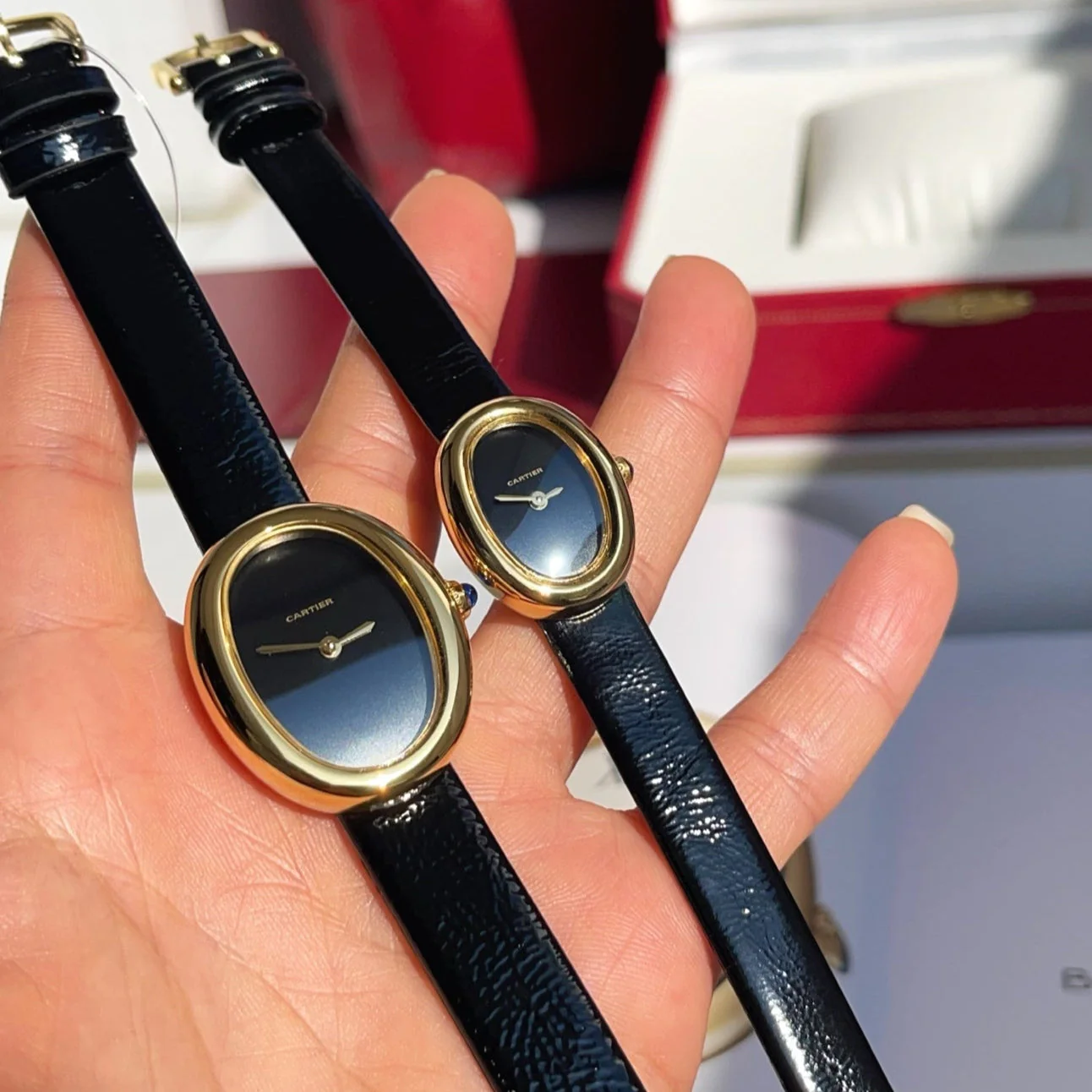 Cartier Watch Baignoire Gold Case Black Leather Black Dial