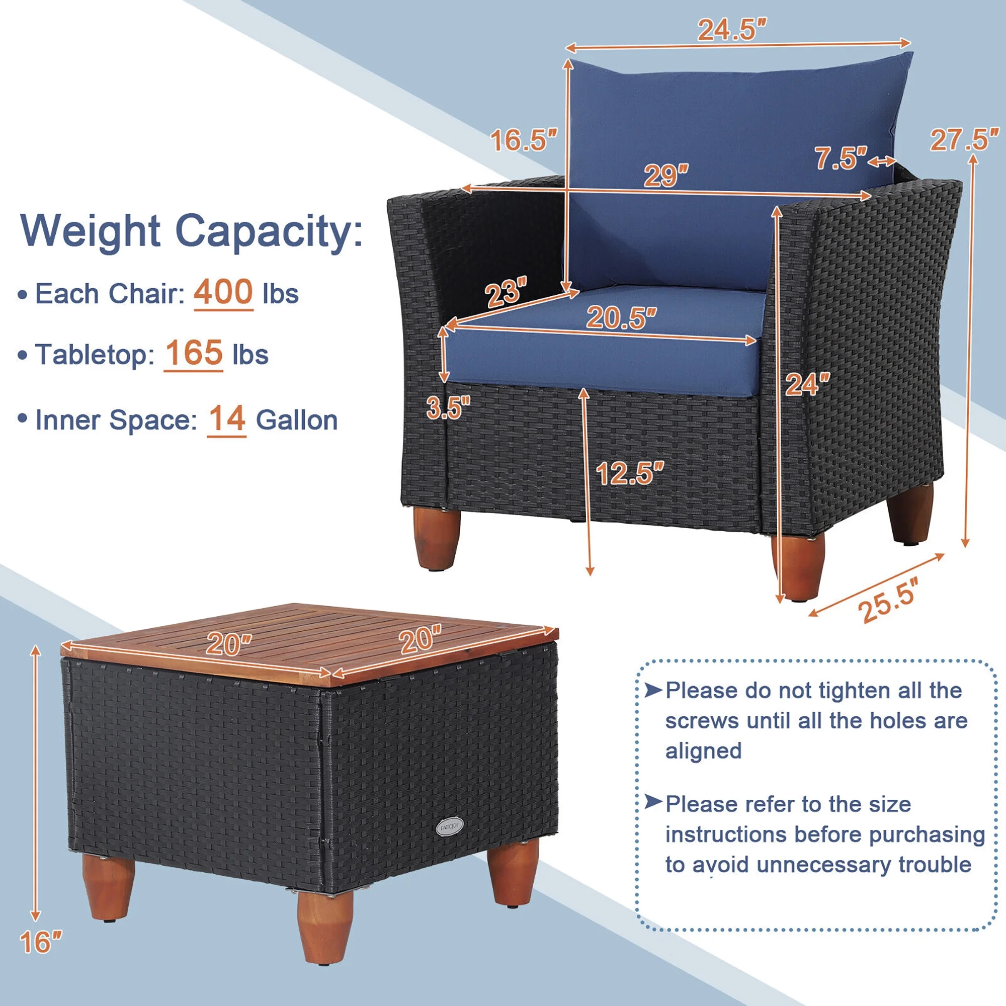 Gymax 3PCS Patio Rattan Conversation Set Outdoor Furniture Set w/ Navy Cushions