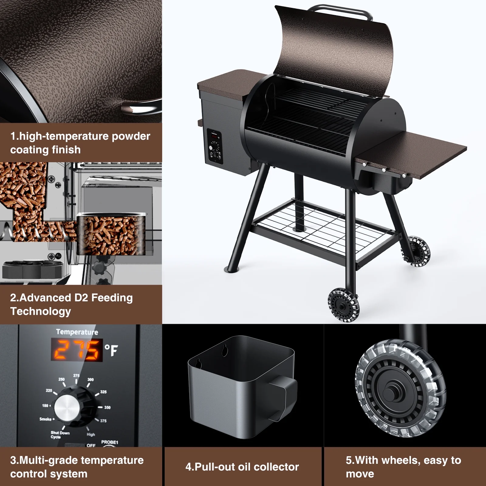 KingChii 456 SQ.IN Pellet Grill Smoker with Side Shelf, 8 IN 1 BBQ Grill with PID Temperature Control for Outdoor Cooking, BBQ Camping and Patio, Brown