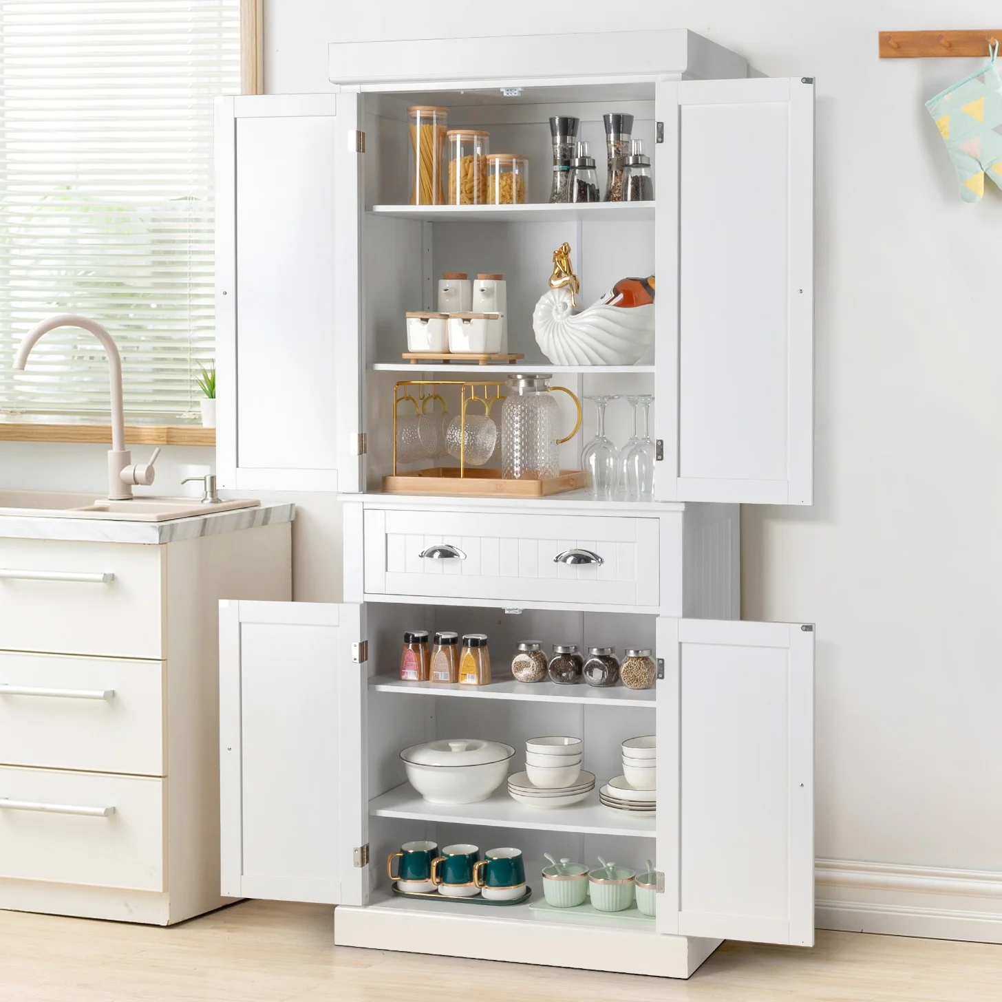 Ktaxon 72"  Kitchen Pantry Storage Cabinet with 4 Doors Large Drawer and Adjustable Shelves for Living Room, White