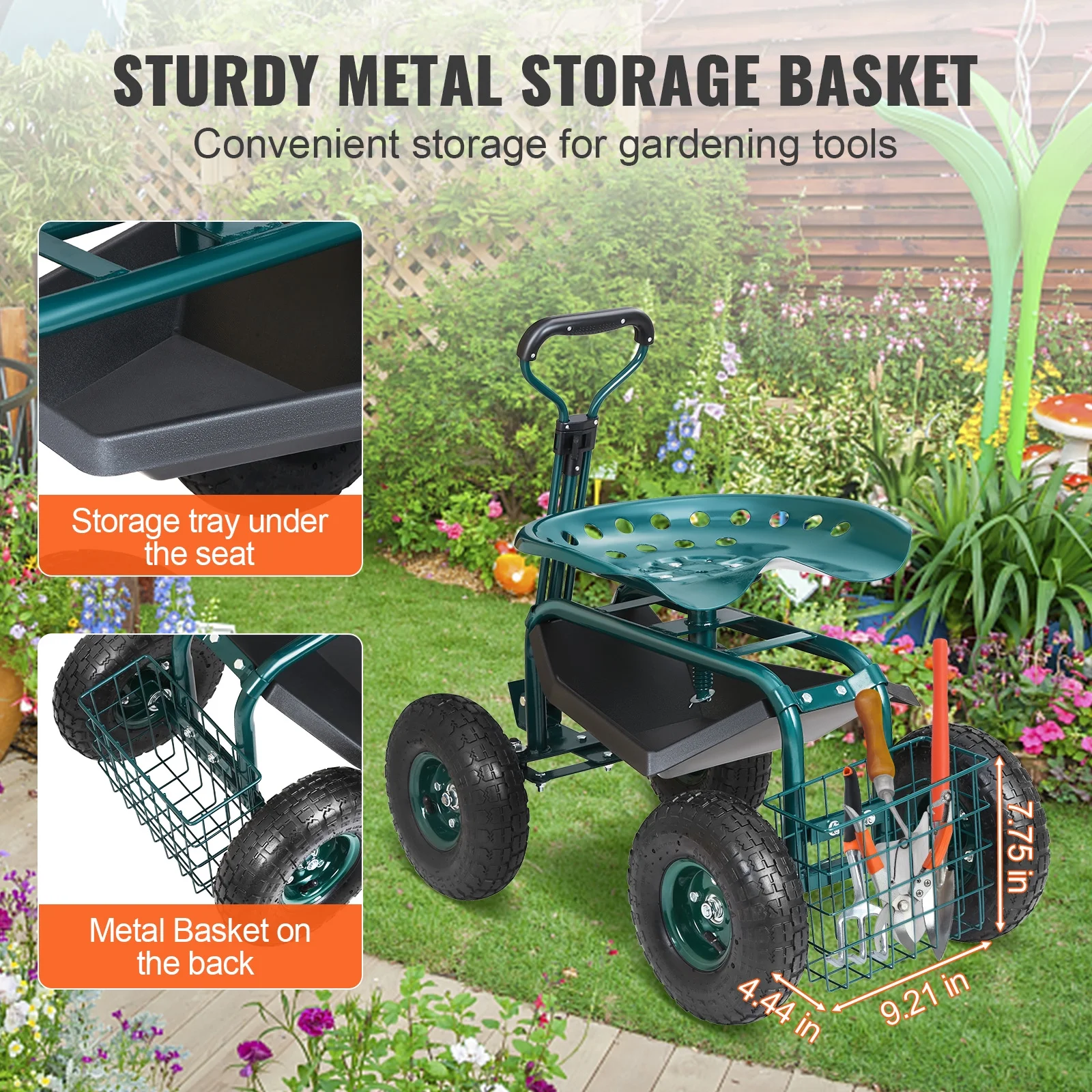 KFFKFF Garden Cart Rolling Workseat with Wheels, Gardening Stool for Planting, 360 Degree Swivel Seat, Wagon Scooter with Steering Handle & Utility Tool Tray, Use for Patio, Yard, and Outdoors