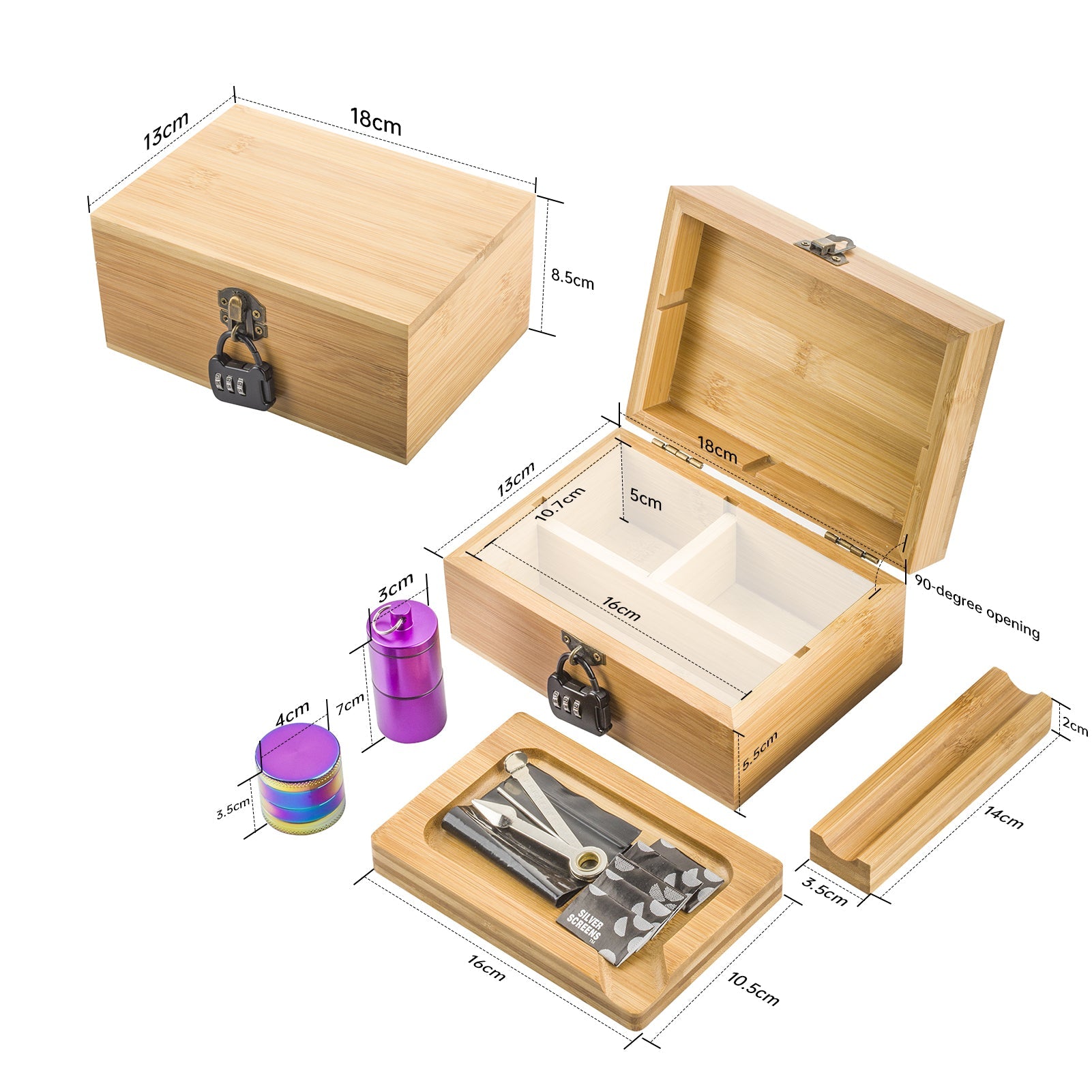 Wooden Stash Box Lock w/ Fumed Glass Pipe Quartz Banger Set