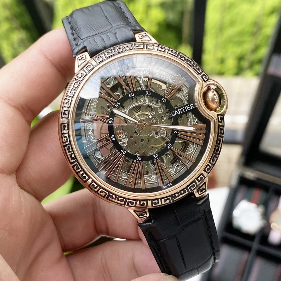 Cartier Watch BALLON BLEU 43 SKELETON HAND ENGRAVED LEATHER