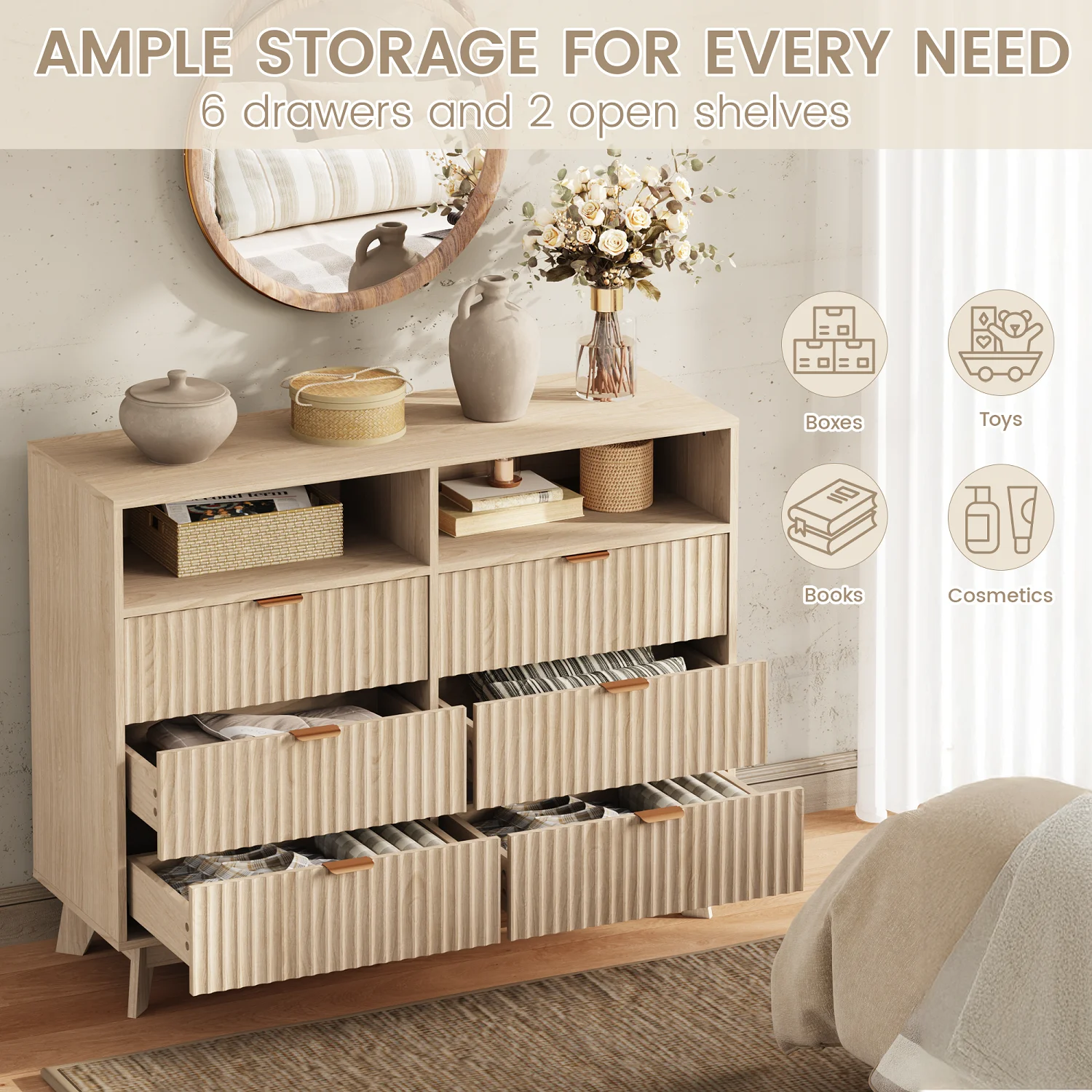 MELLCOM 6 Drawers Dressers, 45" Fluted Chest of Drawers, Wood Drawer Storage Organizer, with Metal Handle, for Bedroom, Living Room, Natural Oak
