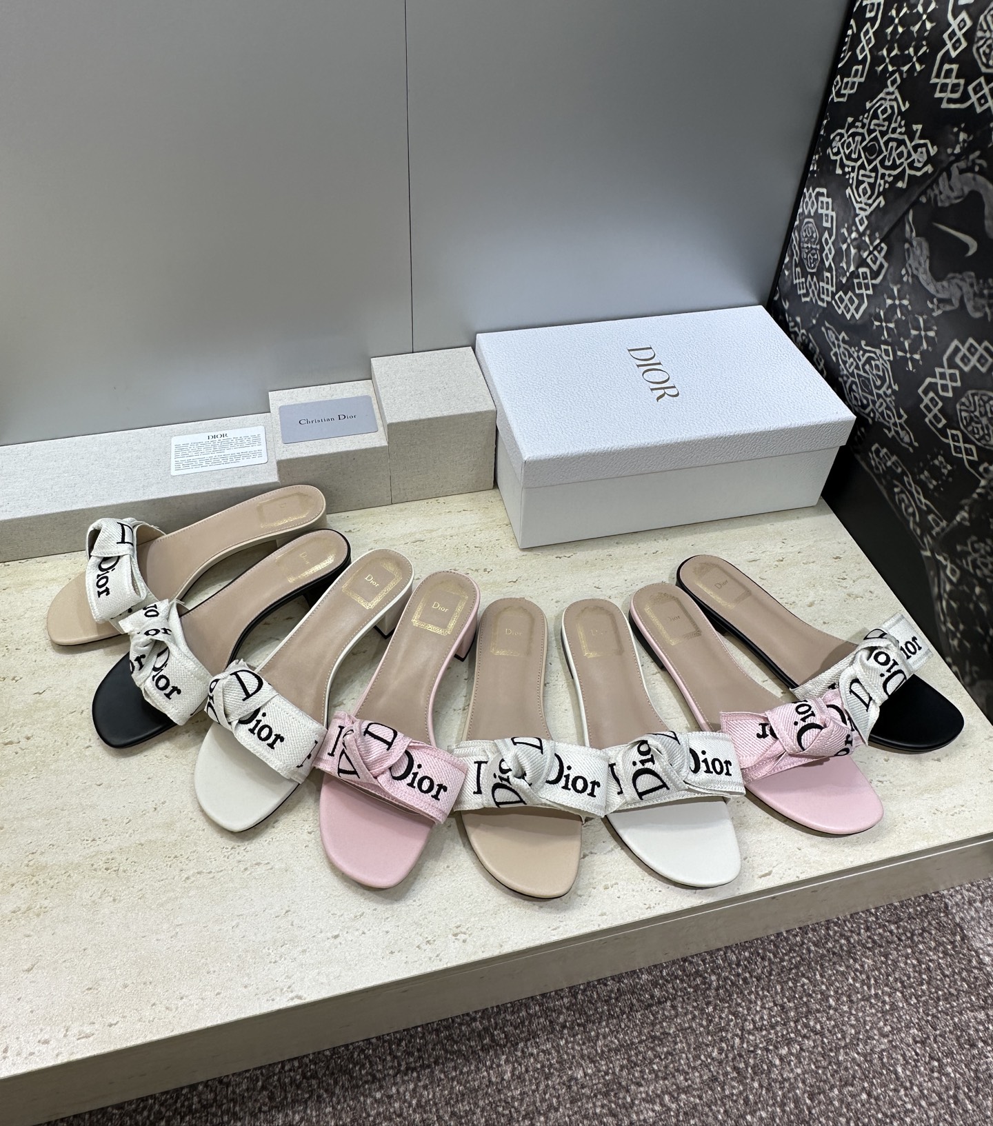 Dior Embroidered Logo Bow Block Heel Mules