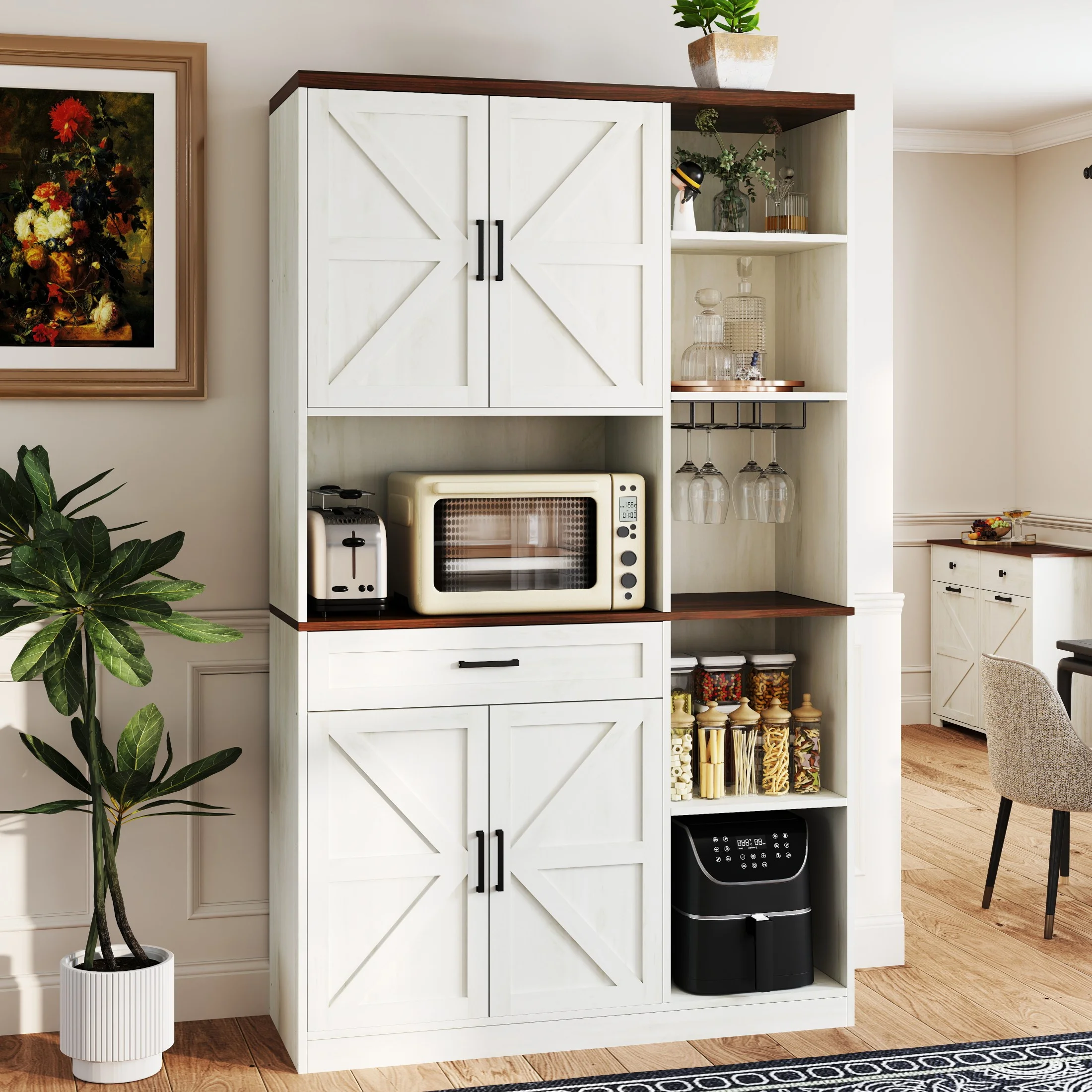 Sesslife Farmhouse Kitchen Pantry Cabinet, LED Kitchen Buffet with Drawer and 2 Cabinets, 71" Storage Cabinet with Charging Station, Wine Rack and Adjustable Shelves for Kitchen, White + Brown