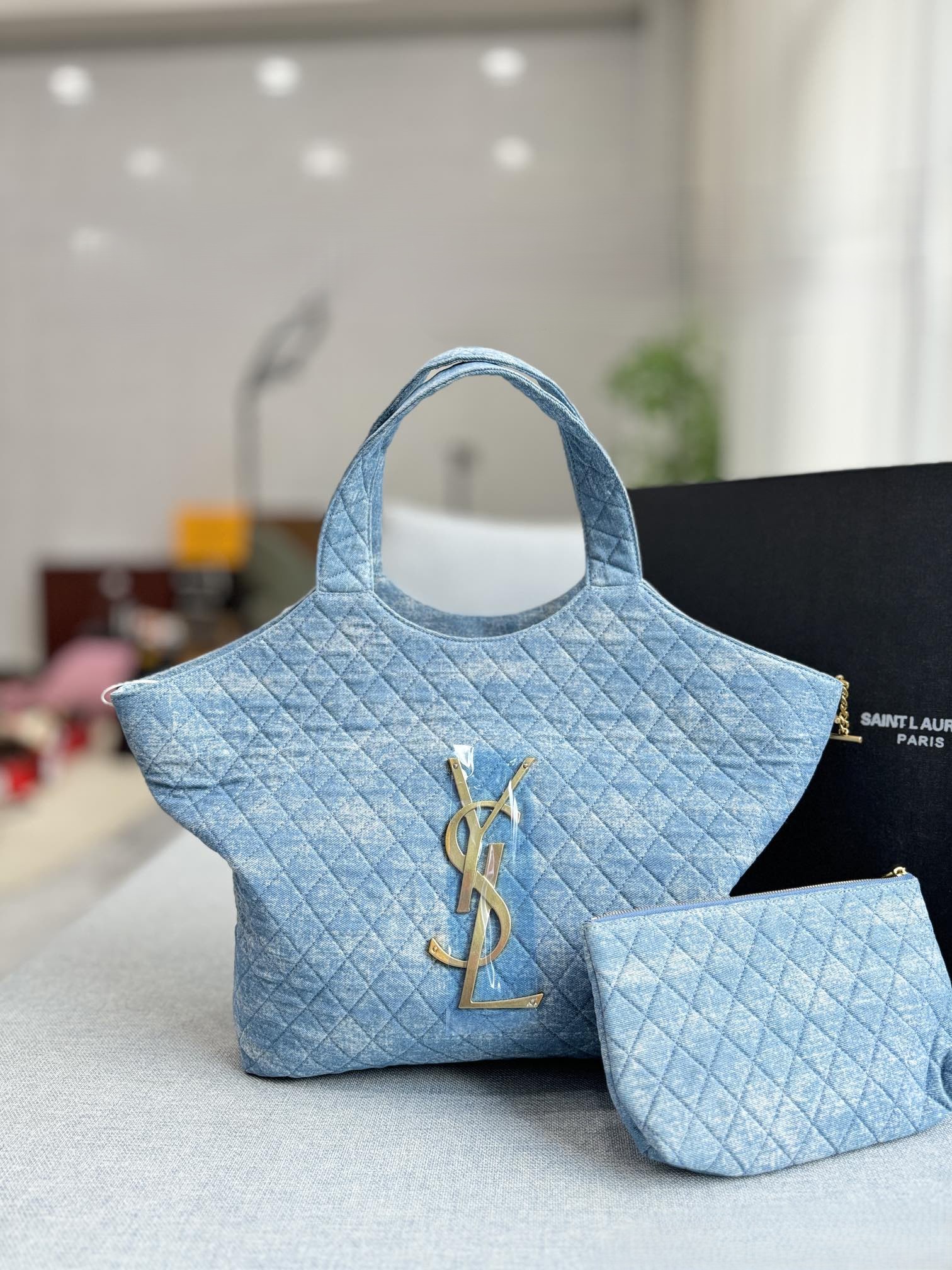 YSL Icare Maxi Denim Monogram Quilted Leather Shopping Tote Bag With Pouch