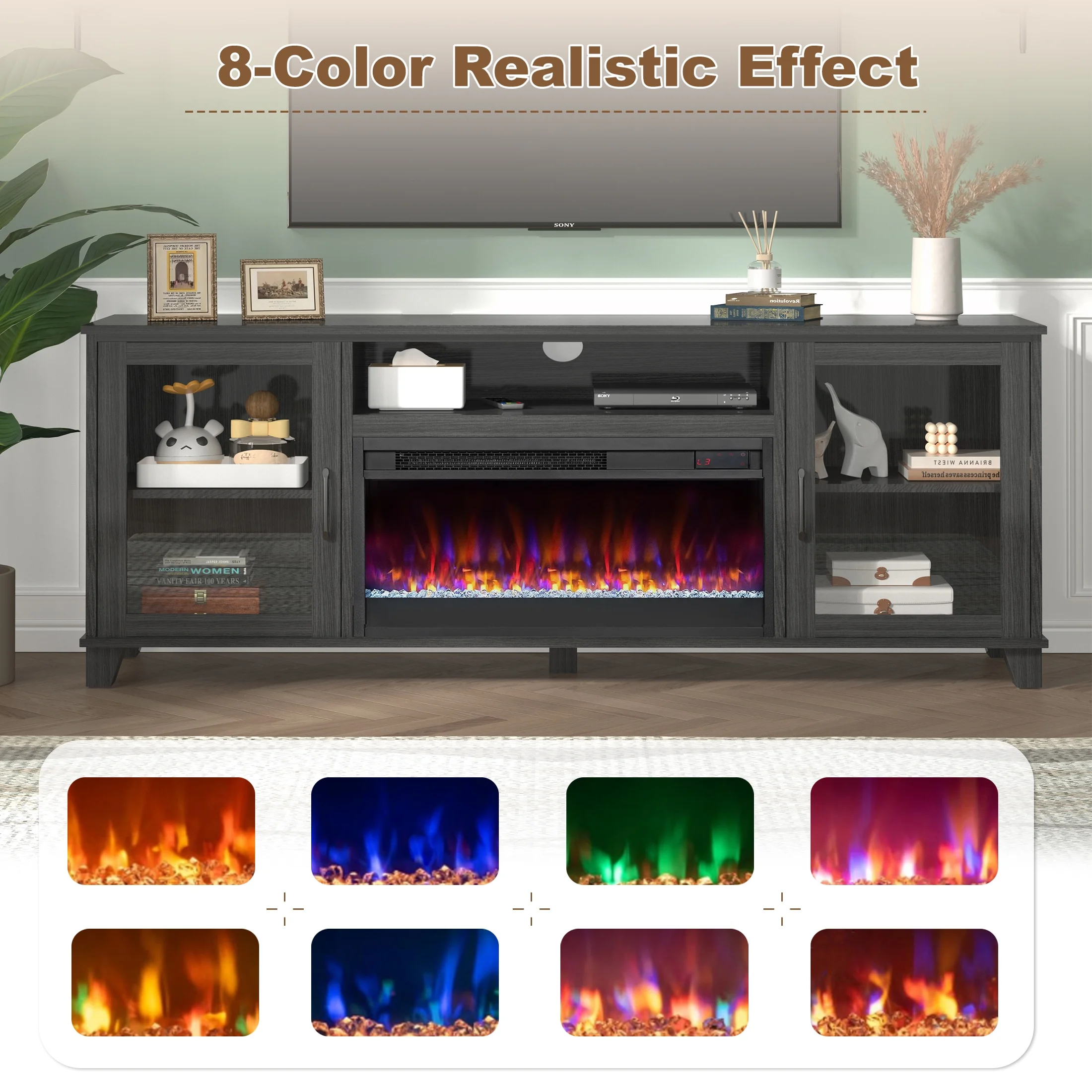 Fireplace TV Stand for 60 inch TV, Modern Entertainment Center With Glass Fireplace, Electric Fireplace TV Cabinet for Living Room, with Remote Control Fireplace, Black