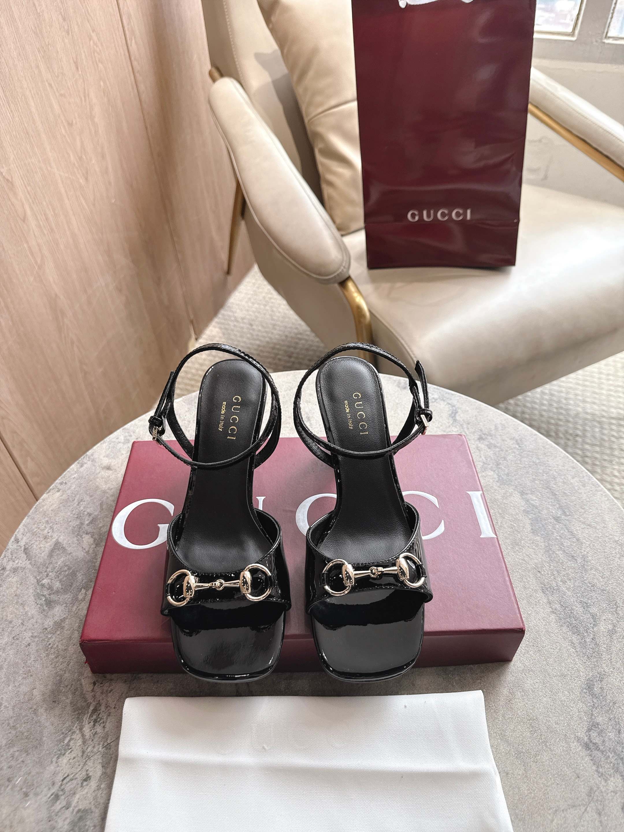 Gucci Gold Horsebit Patent Leather Ankle Strap Heel Sandals