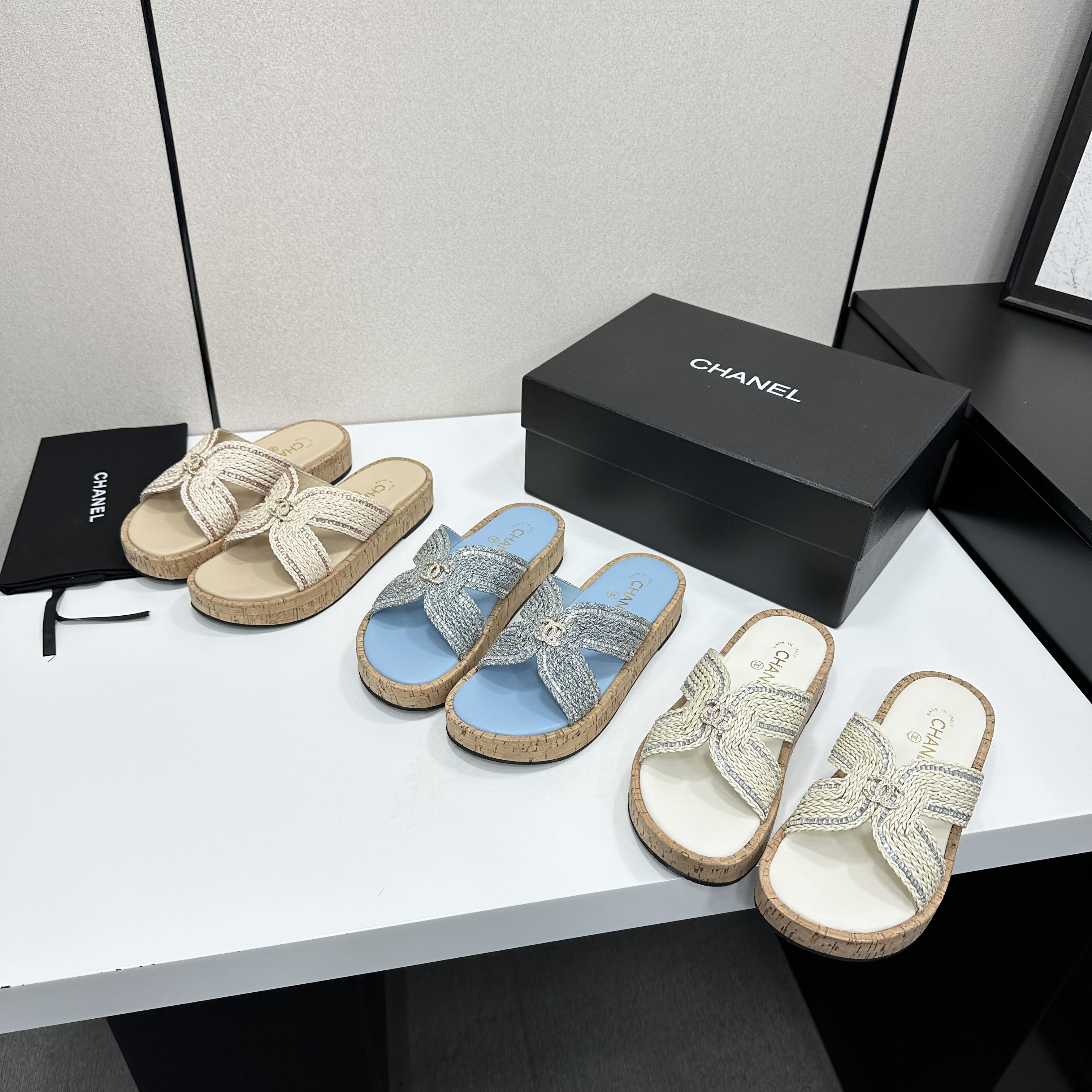 Chanel Raffia CC Platform Sandals