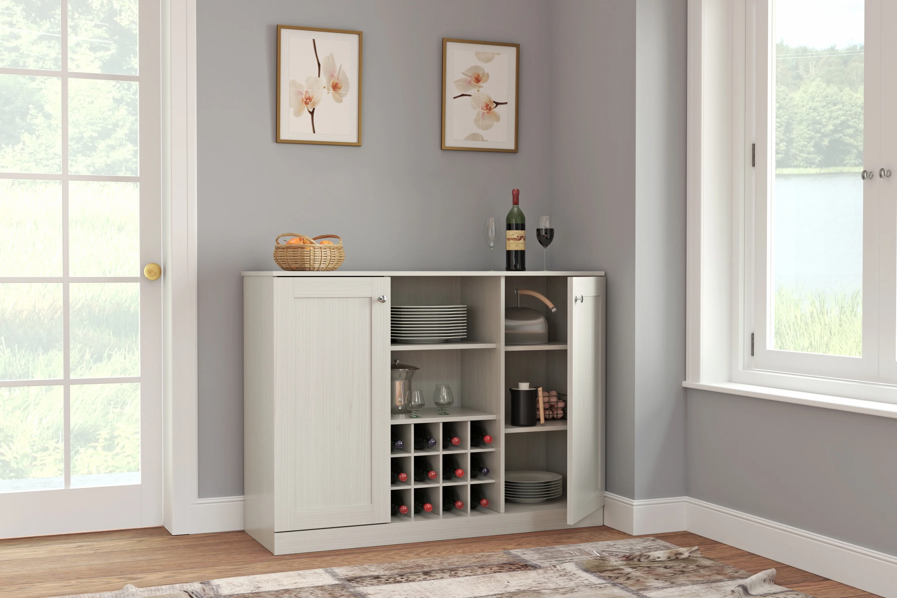 Inval Shaker Kitchen Cabinet with Wine Rack, Washed Oak