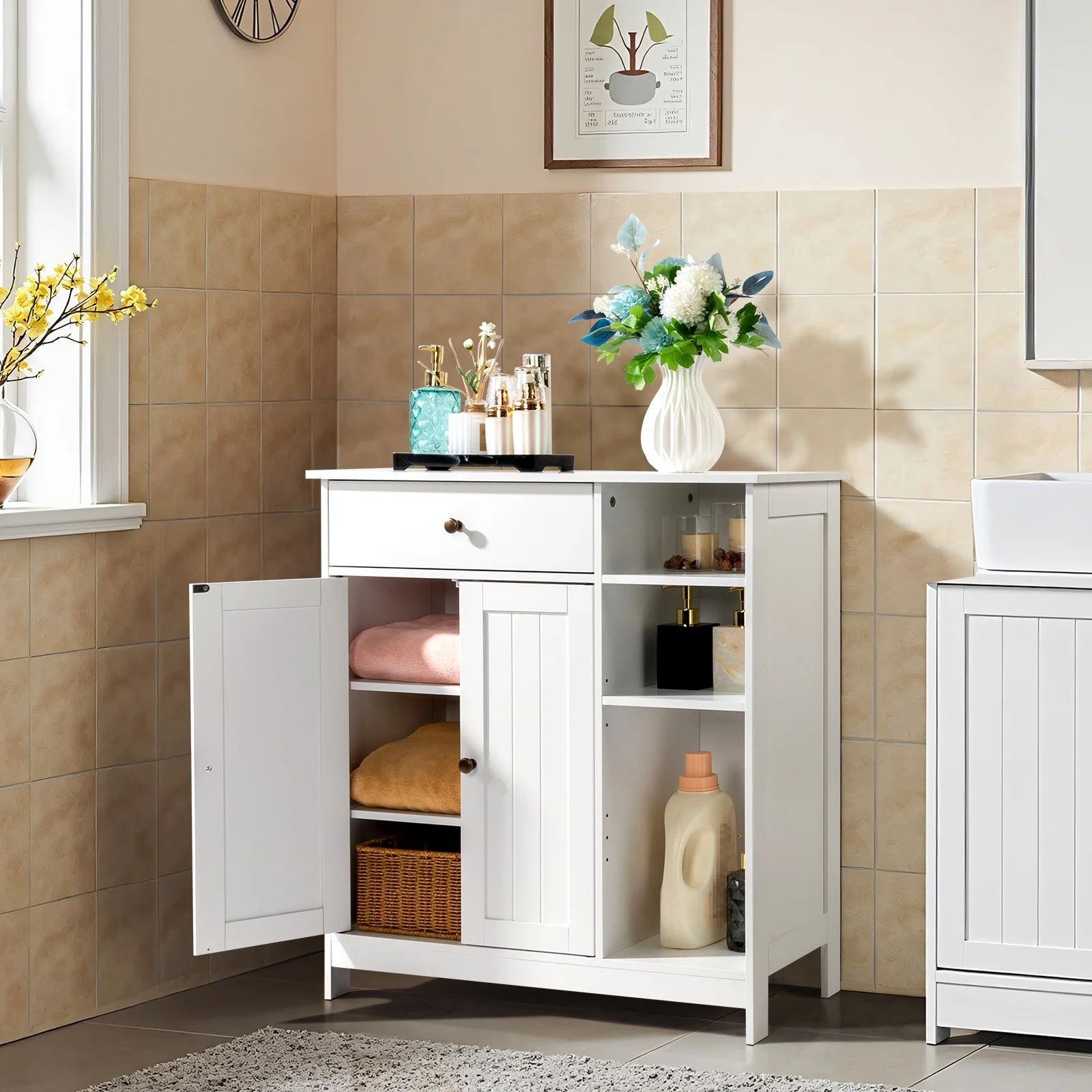 Zimtown Wooden 2-Door  Bathroom Cabinet Storage Organizer with 2 Shelves& 1 Drawer & Three-layer Side Rack, White