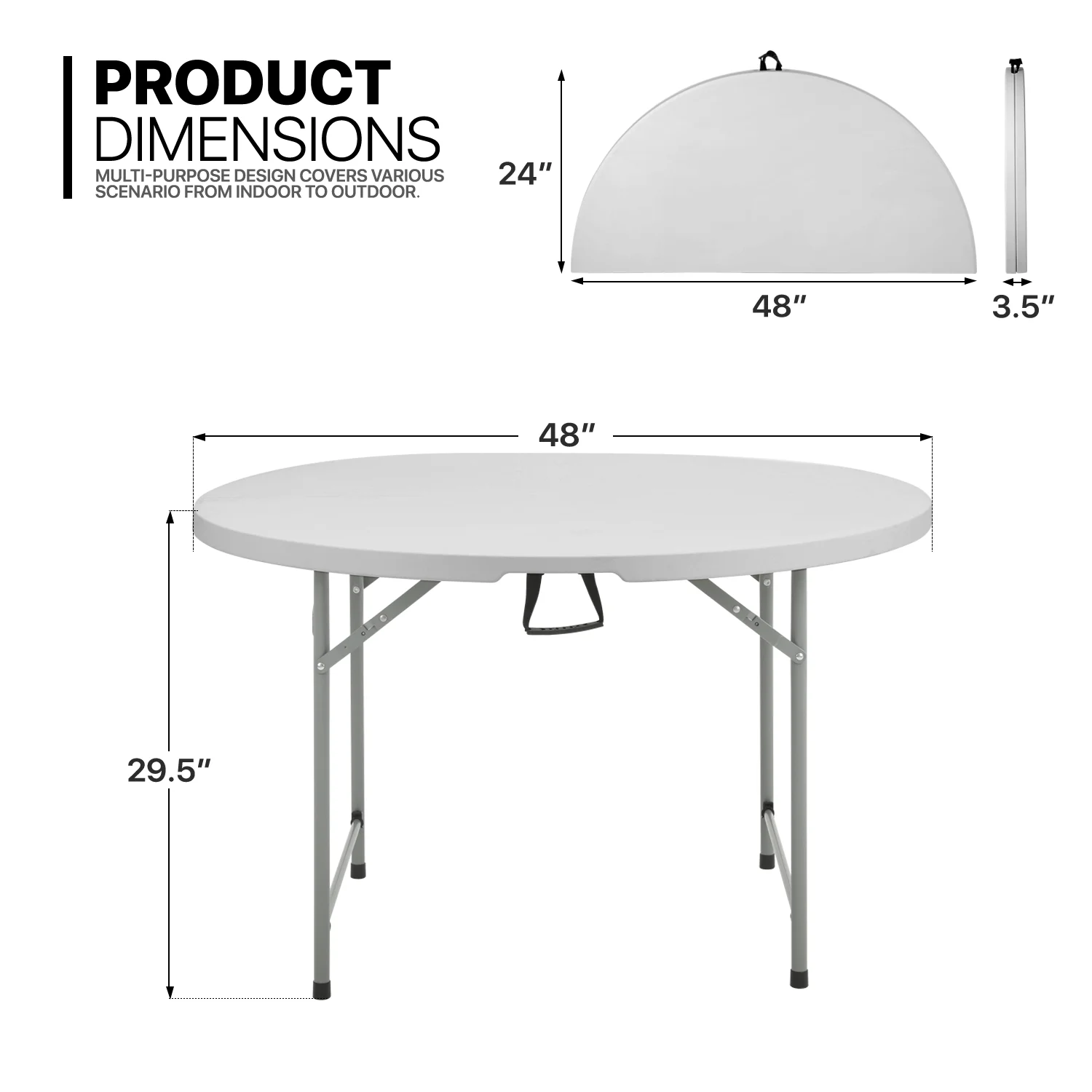 CBINGB Foldable Indoor Plastic Round Dining Table C Portable Outdoor Picnic Desk with Convenient Handle for Versatile Use Anywhere, Length 48", Grey/Grey